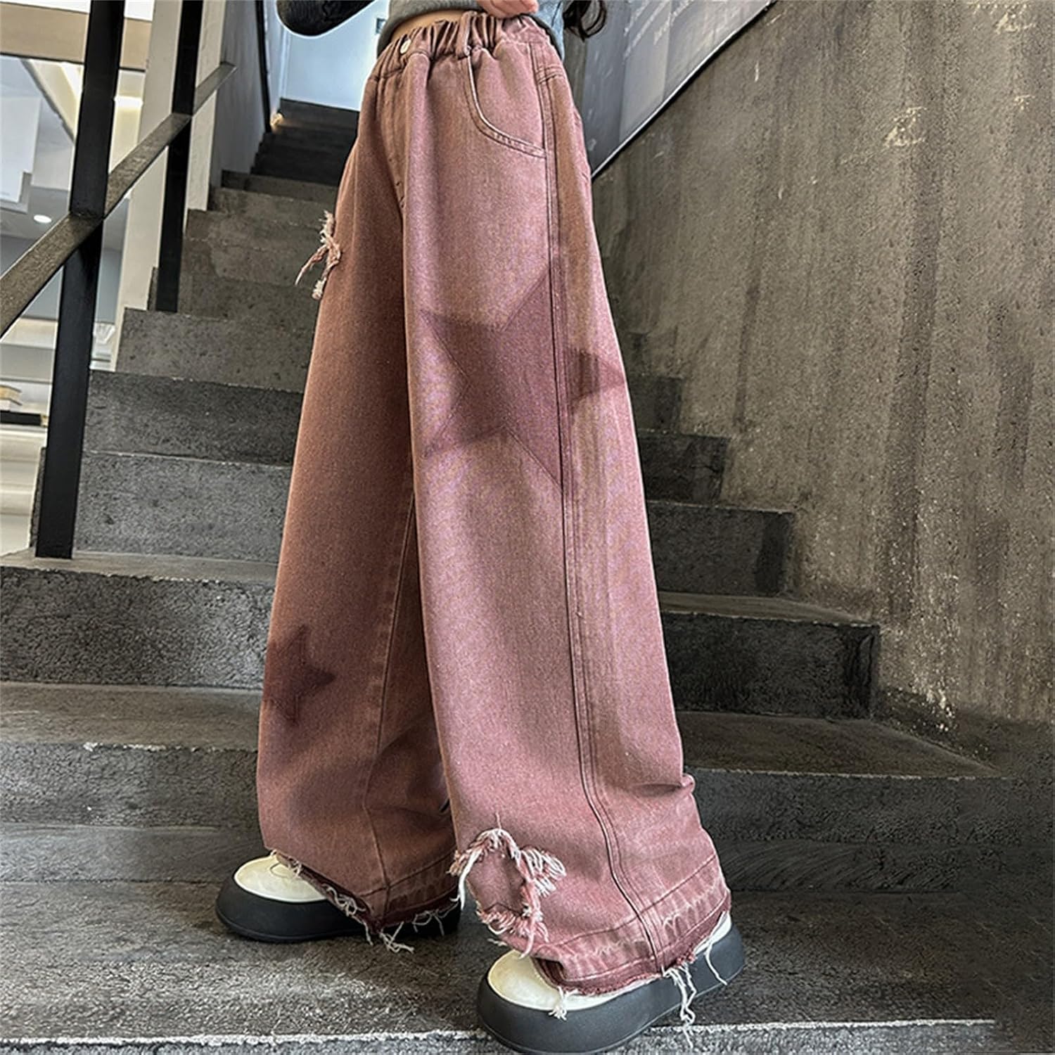 Star Patchwork Baggy Jeans for Big Girls Distressed Boyfriend Denim Pants Raw Hem Loose Jeans Casual Wide Leg Trousers