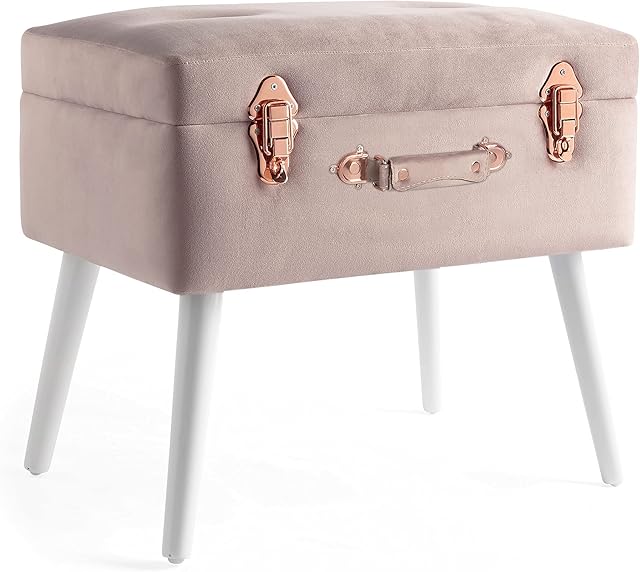 BTFY Pink Velvet Footstool Storage Trunk Stool Chest Seat with Rose Gold Detailed Clasps Padded & Cushioned Pouffe Footrest with White Legs for Bedroom, Living Room, Dressing Room, Hallway