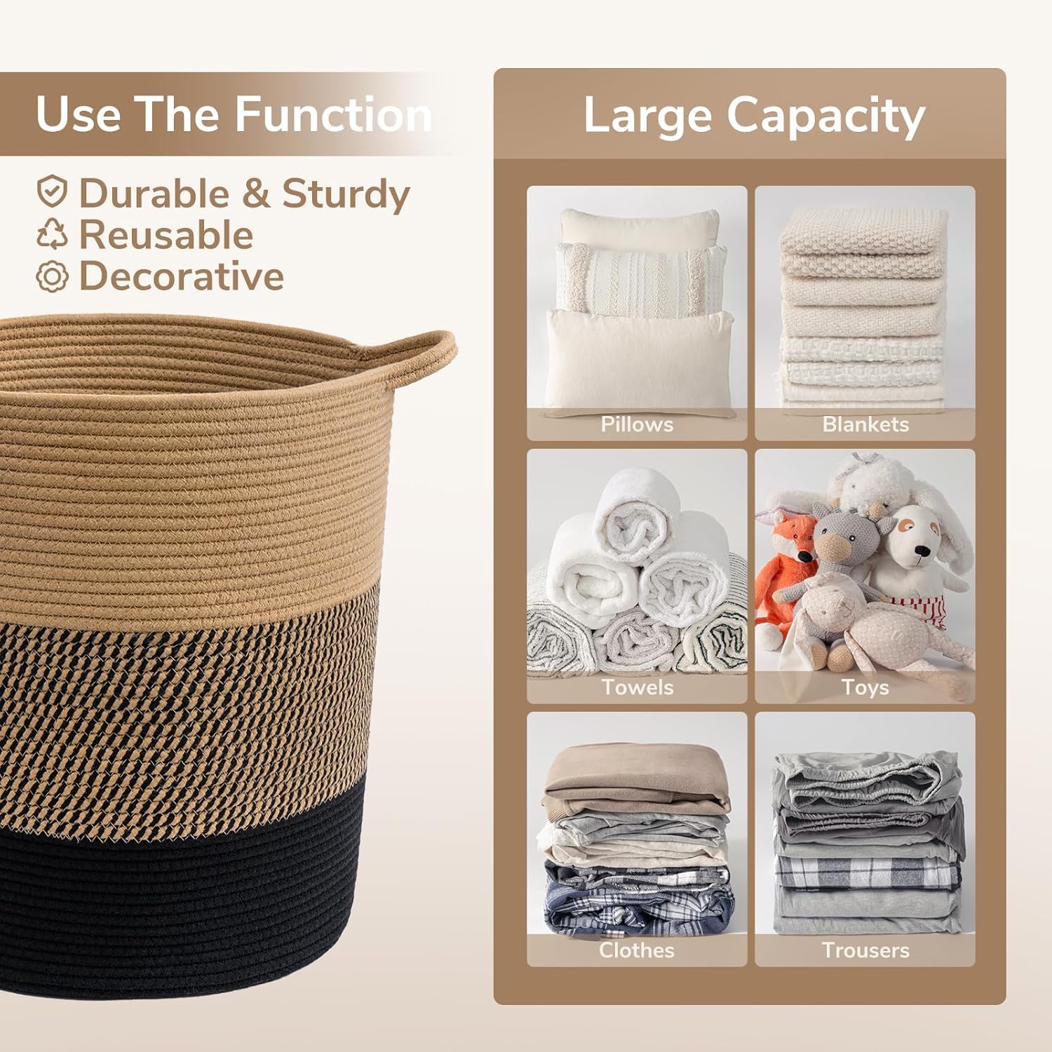ALBY® Large Rope Basket - Tall Laundry Basket Hamper for Dirty Clothes Woven Jute Storage Basket for Blanket in Living Room Toy Basket for Nursery Storage, 17.8" x 15.8" x 13.8" (BLACCK & JUTE) 3