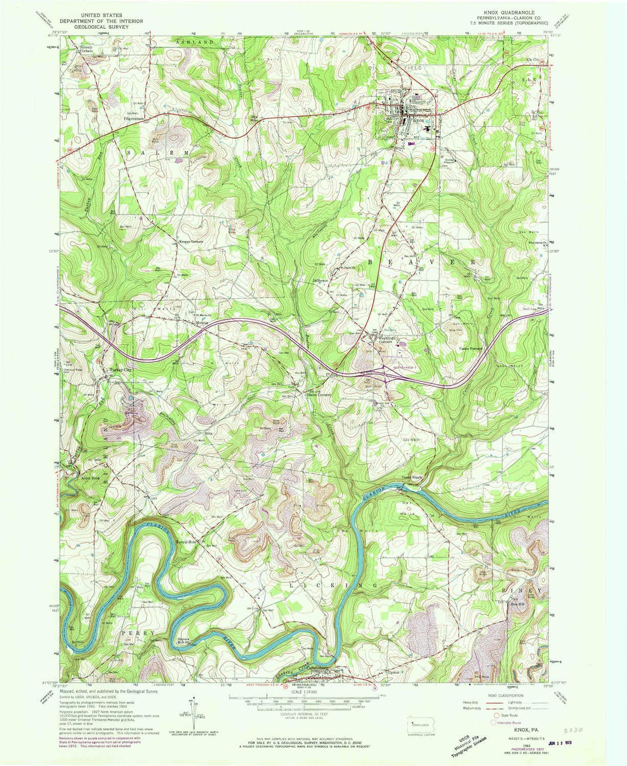 YellowMaps Knox PA topo map, 1:24000 Scale, 7.5 X 7.5 Minute, Historical, 1963, Updated 1973, 26.9 x 22.1 in - Paper