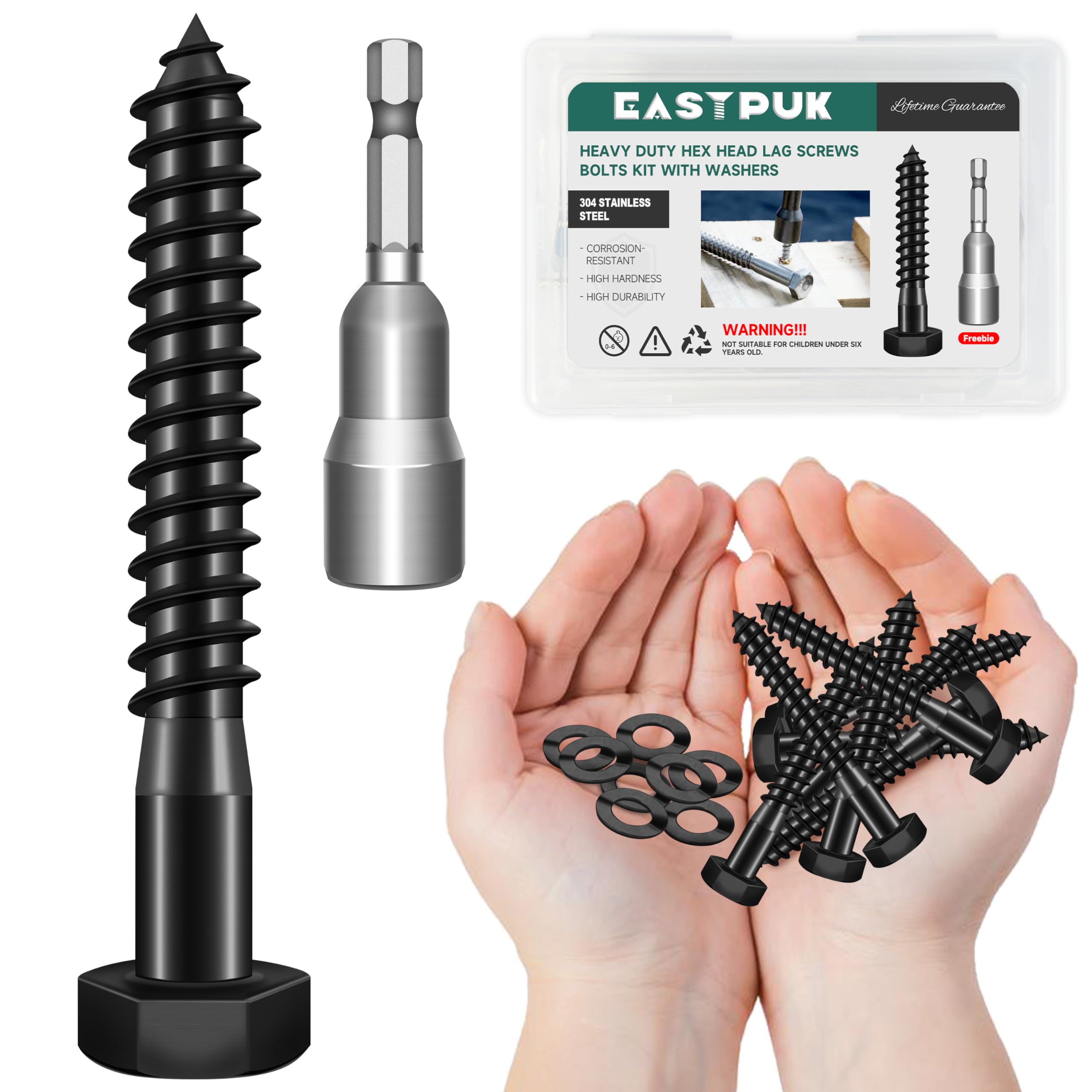 EASTPUK (12Sets) 5/16" x 2-1/2" Hex Head Lag Bolts, Heavy Duty Lag Screws with Washers, 304 Stainless Steel, 5/16 Bolt for Wood, Partial Thread, Black