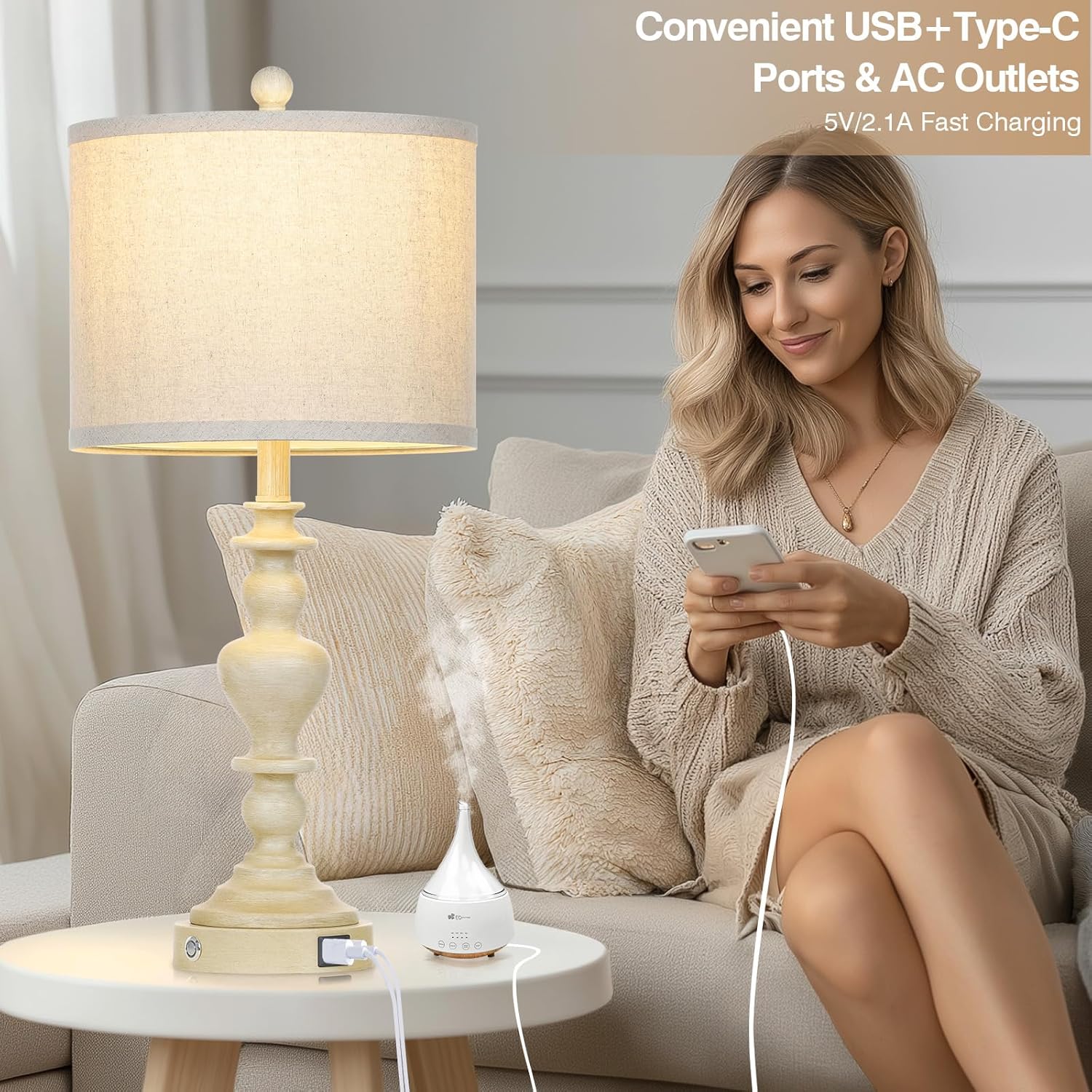 27" Farmhouse Table Lamps Set of 2, Vintage Bedside Lamps with USB A+C Charging Ports, 3-Way Dimmable Touch Control Traditional Nightstand Lamp for Living Room Beige (Bulbs Included)