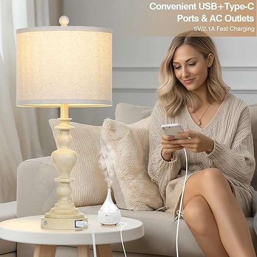 Miniatura 3 de Juego de 2 lámparas de mesa de granja de 27 pulgadas, lámparas de noche vintage con puertos de carga USB A+C, control táctil regulable de 3 vías,