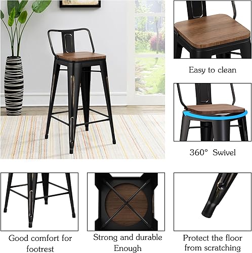Miniatura 7 de Alunaune Juego de 4 taburetes de bar giratorios de metal de 26 pulgadas, taburetes de bar de altura de mostrador, sillas de bar industriales con