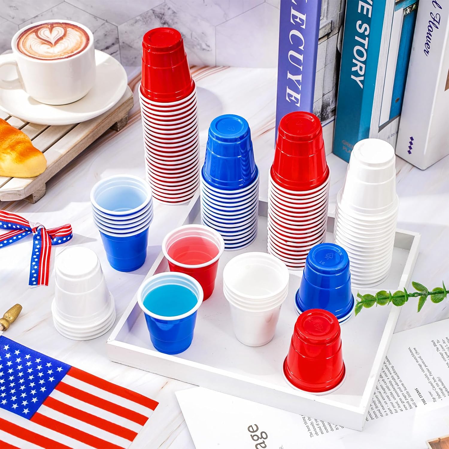 Whaline 150 Pcs 2 Oz Patriotic Plastic Shot Cups 4th of July Disposable Mini Shot Glasses Small Red White Blue Party Cups for Independence Day Party Beer Drinks Snacks Samples Tastings Supplies