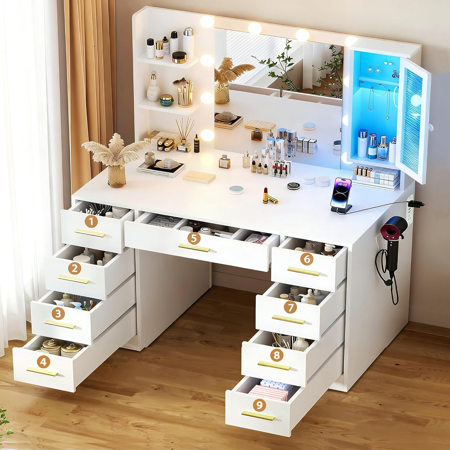ERLEJIA Vanity Desk with Mirror and Lights, 43" Large Makeup Dressing Table with 9 Drawers & 3 Shelves, RGB LED Lighting & Power Outlet, White and Gold