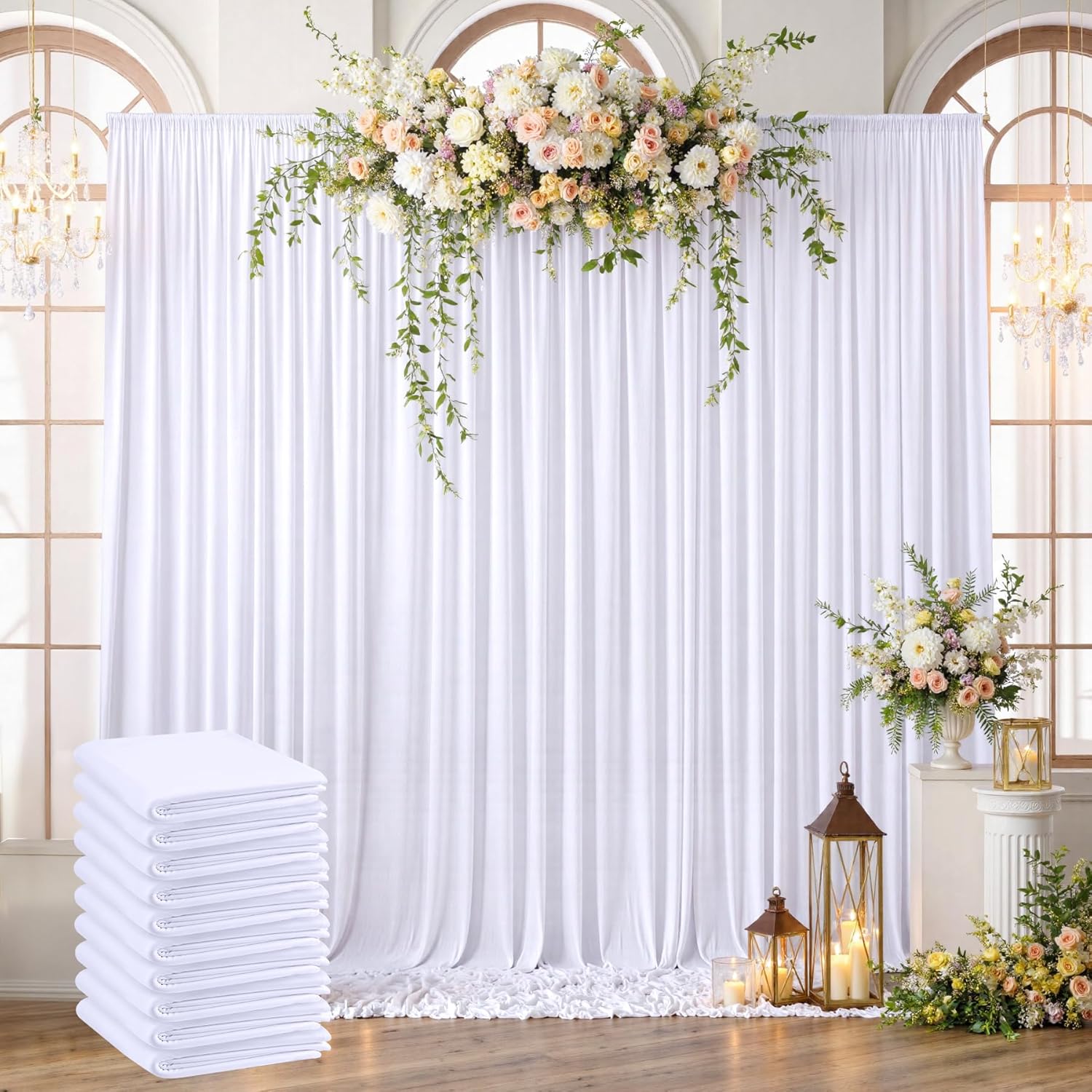 50ft x 10ftt Wrinkle Free White Backdrop Curtains for Parties Wedding, 10 Panels 5x10ft Silky Soft Polyester Photo Backdrop Drapes for Party Birthday Baby Shower Photography Cloth Background