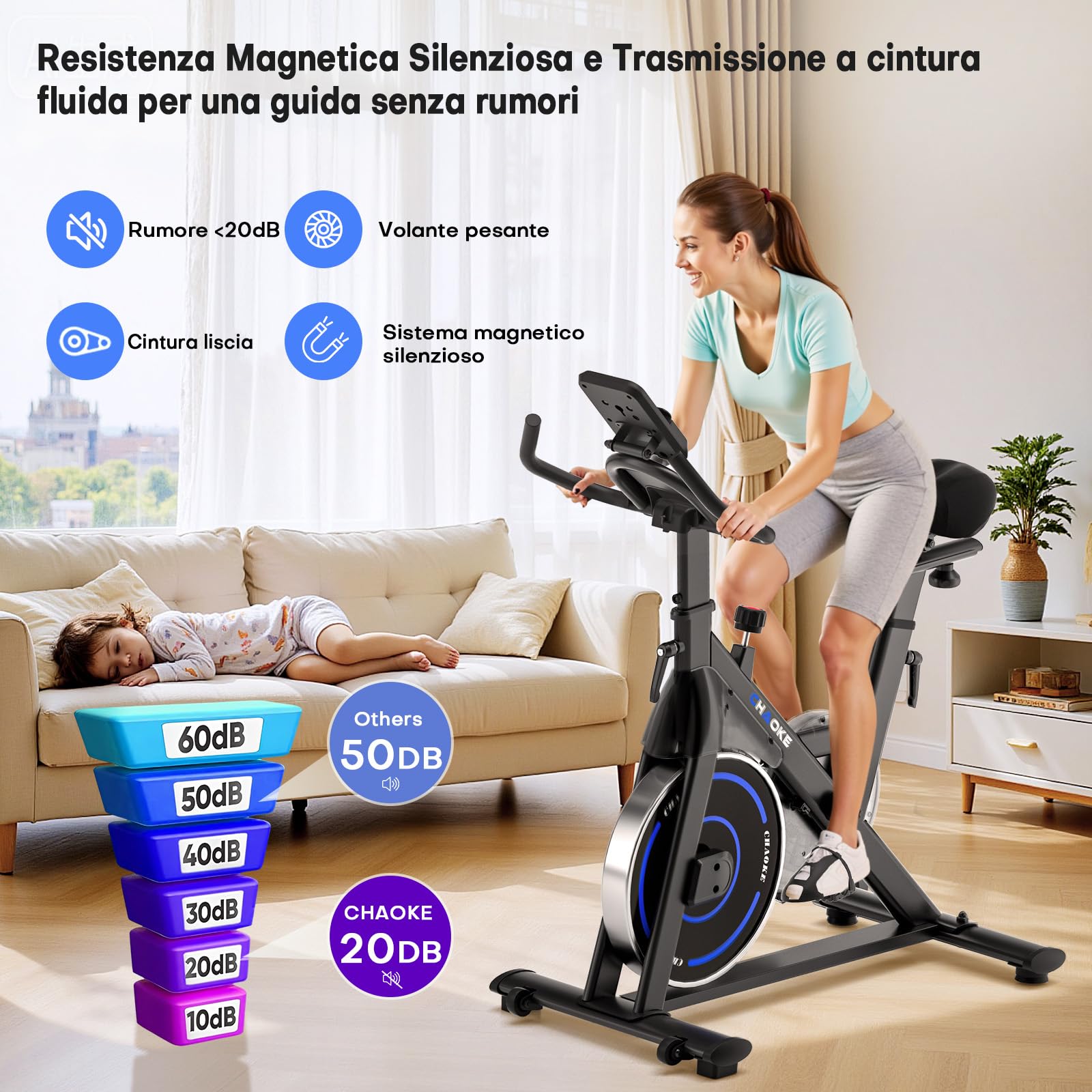 CHAOKE Cyclette da Casa con App, Cyclette per Casa Magnetoresistanza ultra Silenziosa 10dB, con Applicazione, Sedile Morbido e Traspirante e Schermo LCD, Peso Massimo di 150KG Cyclette Professionale