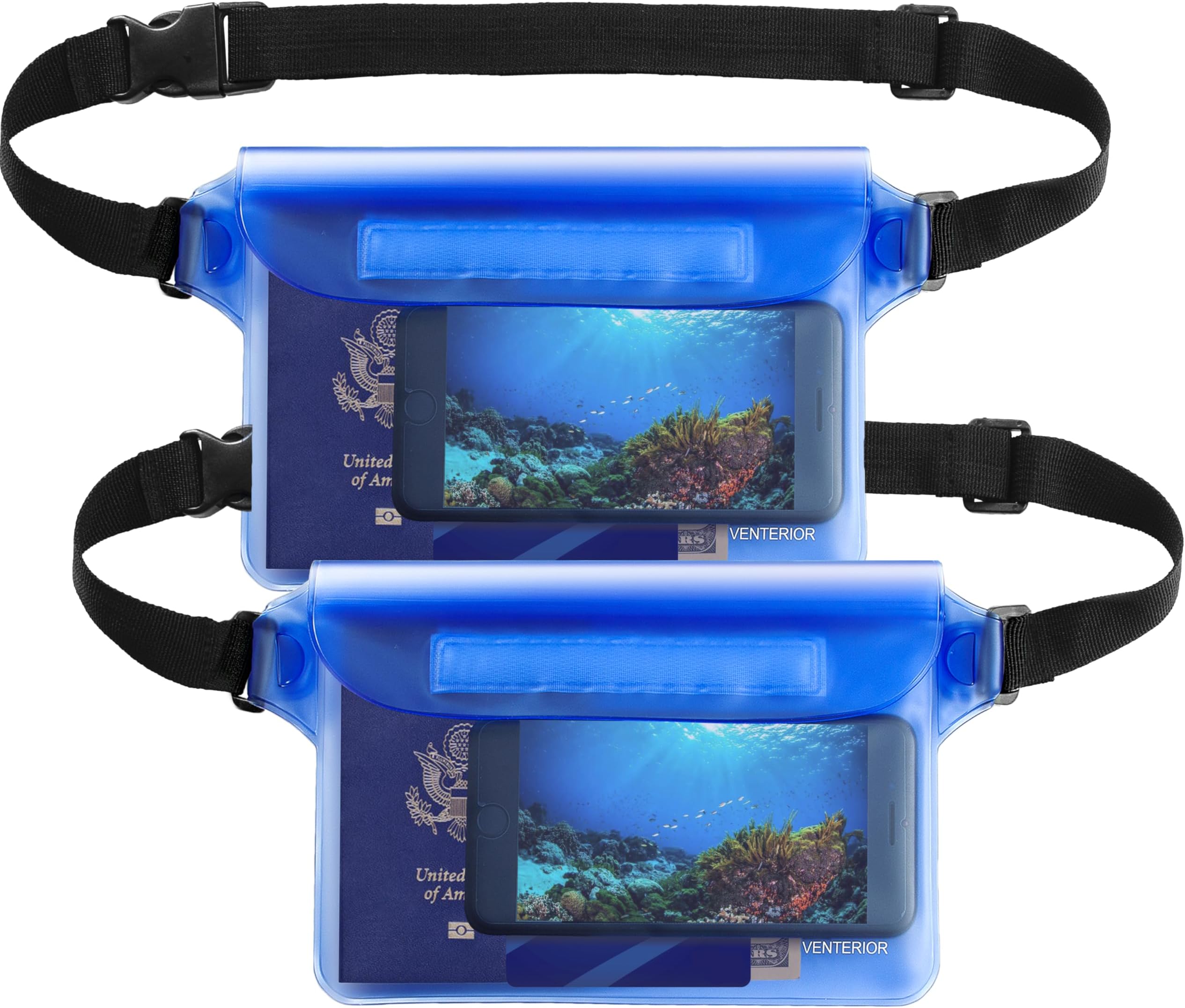 Waterproof Pouch 2 Pack with Adjustable Waist Strap - Keep Your Phone Wallet License Safe and Dry - Dry Bag for Boating Swimming Snorkeling Fishing Sailing Beach Water Parks (Blue & Blue)
