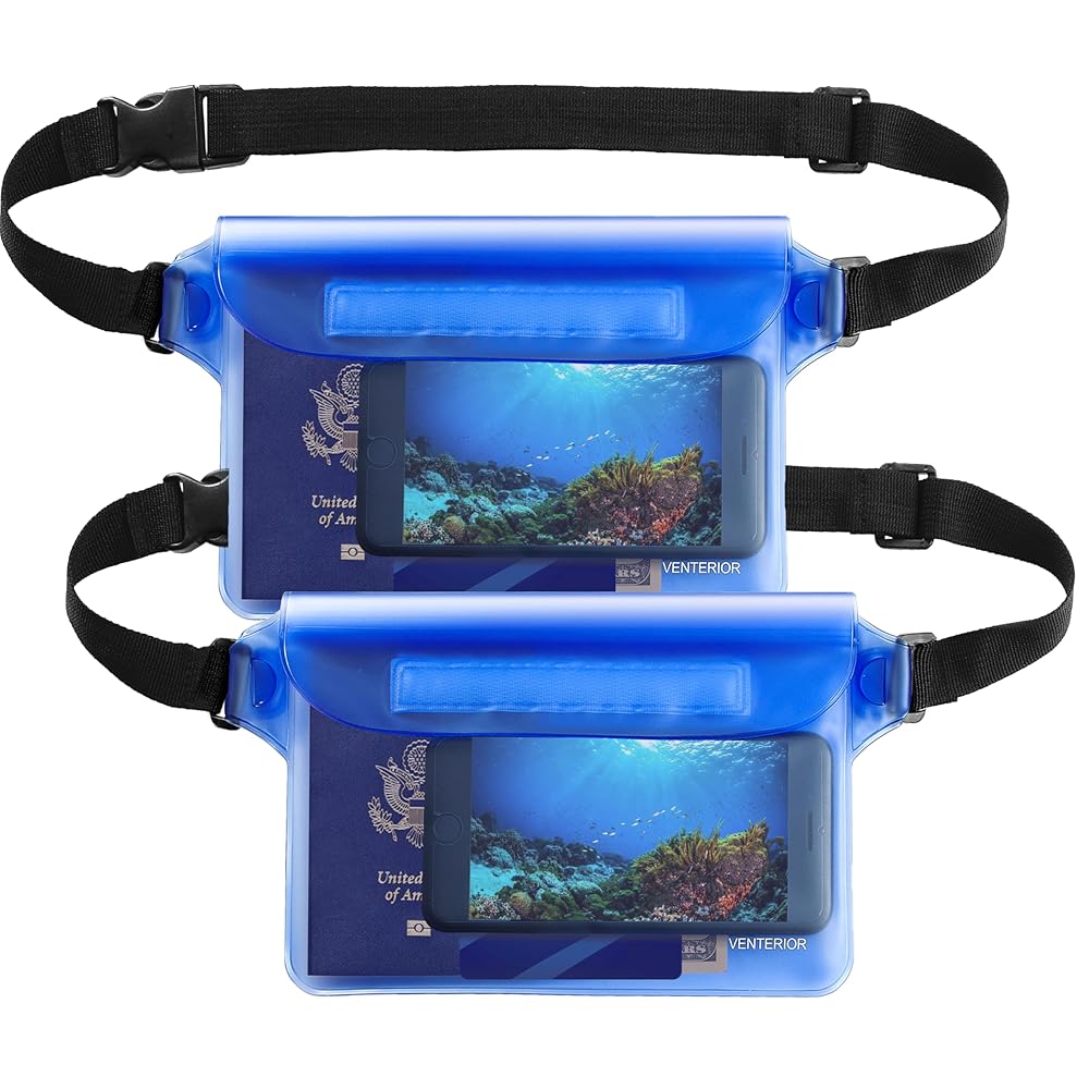 Venterior Waterproof Pouch 2 Pack with Adjustable Waist Strap - Keep Your Phone Wallet License Safe and Dry - Dry Bag for Boating Swimming Snorkeling Fishing Sailing Beach Water Parks (Blue & Blue)