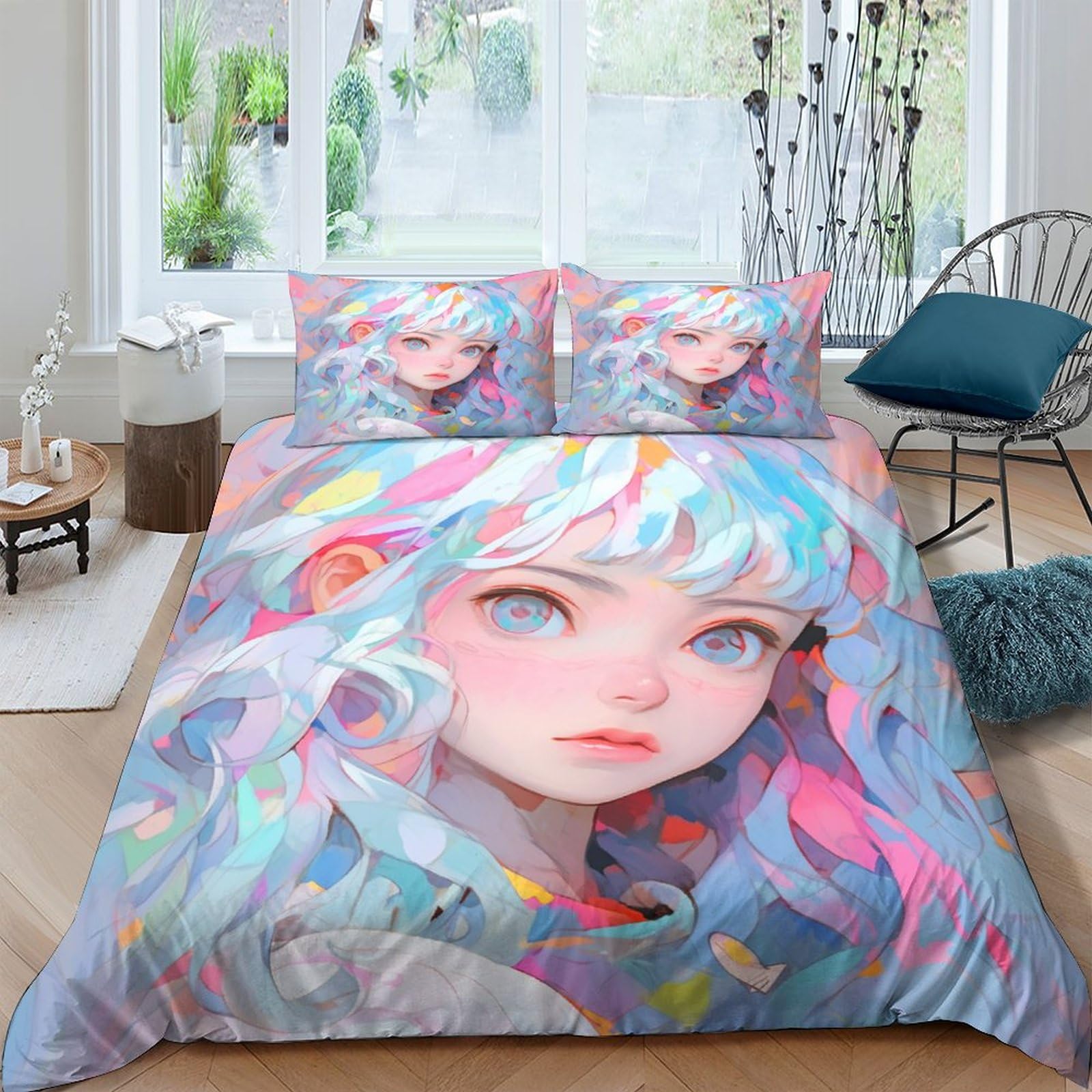 Housse de couette anime aux yeux roses, cadeau idéal ado