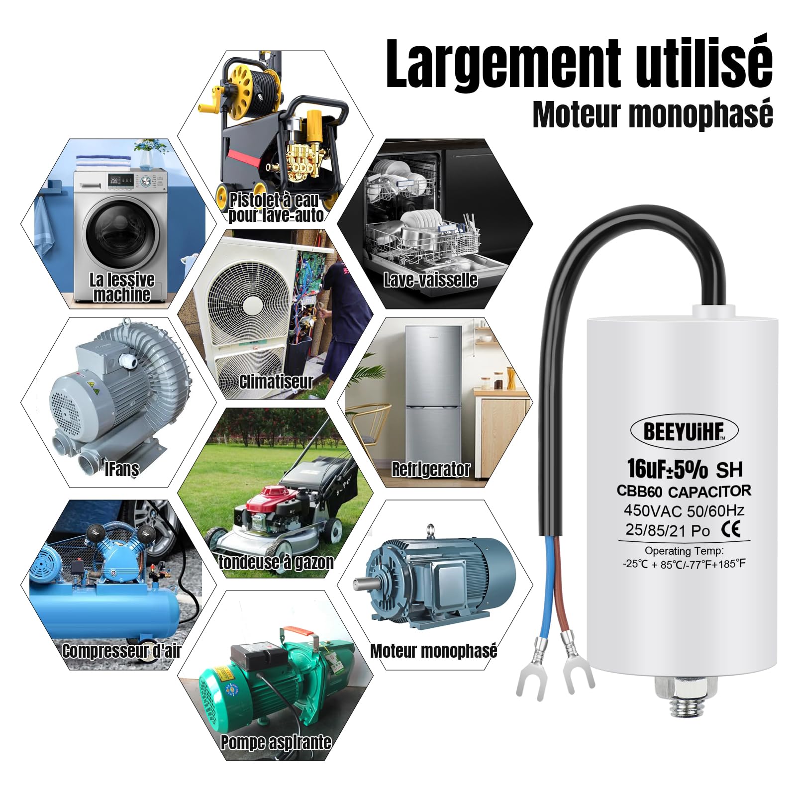 Condensatore Motore CBB60 16&micro;F 450V - Per Avviamento Motori Elettrici, Con Filo E Vite M8