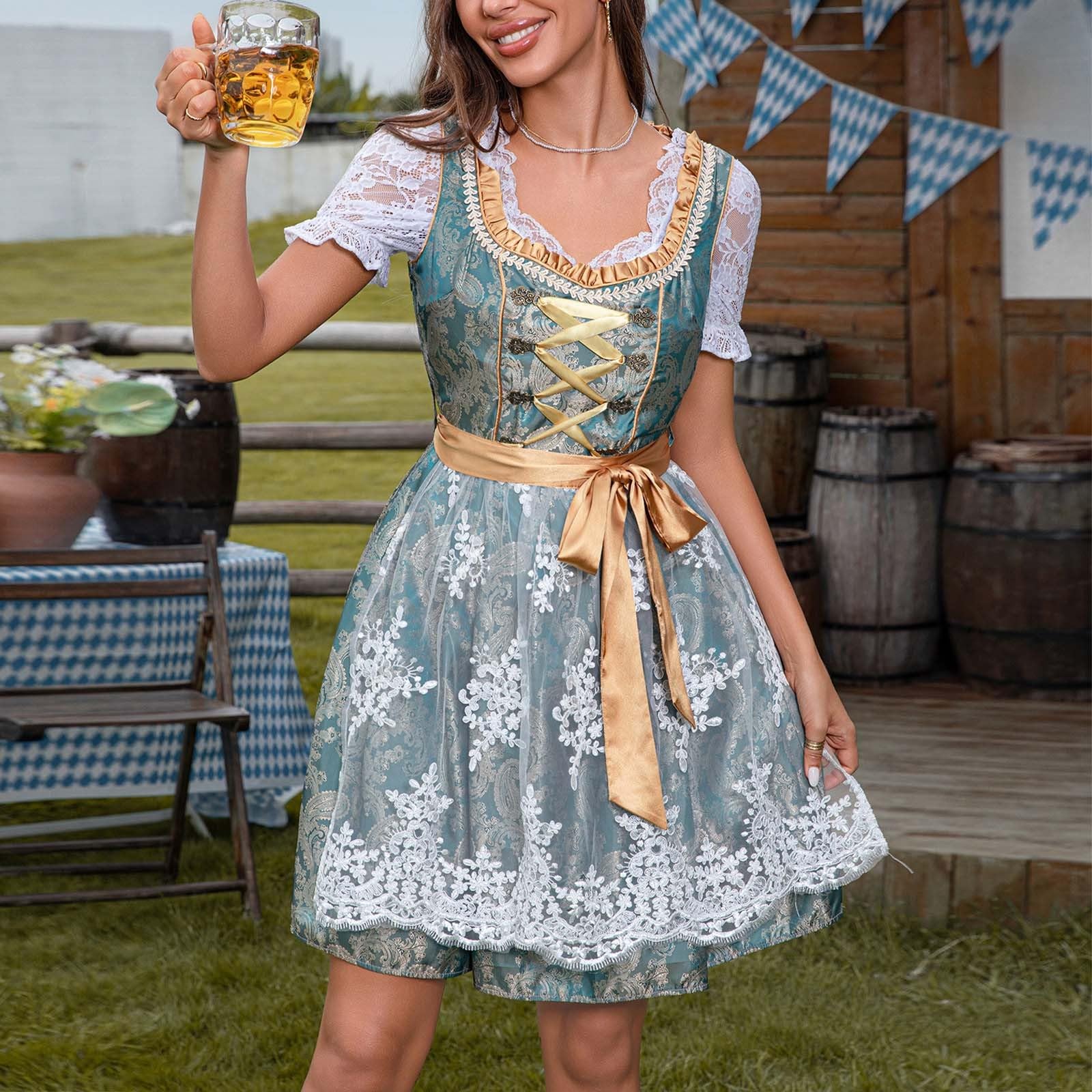 Generisch Dirndl Für Damen Trachtenrock Midi Kleid Dirndlbluse Für Frauen Karneval Oktoberfest Party, Elegantess Cosplay-Kleid für Frauen mit Spitzenkorsett großem Rock perfekt für Mittelalterfest
