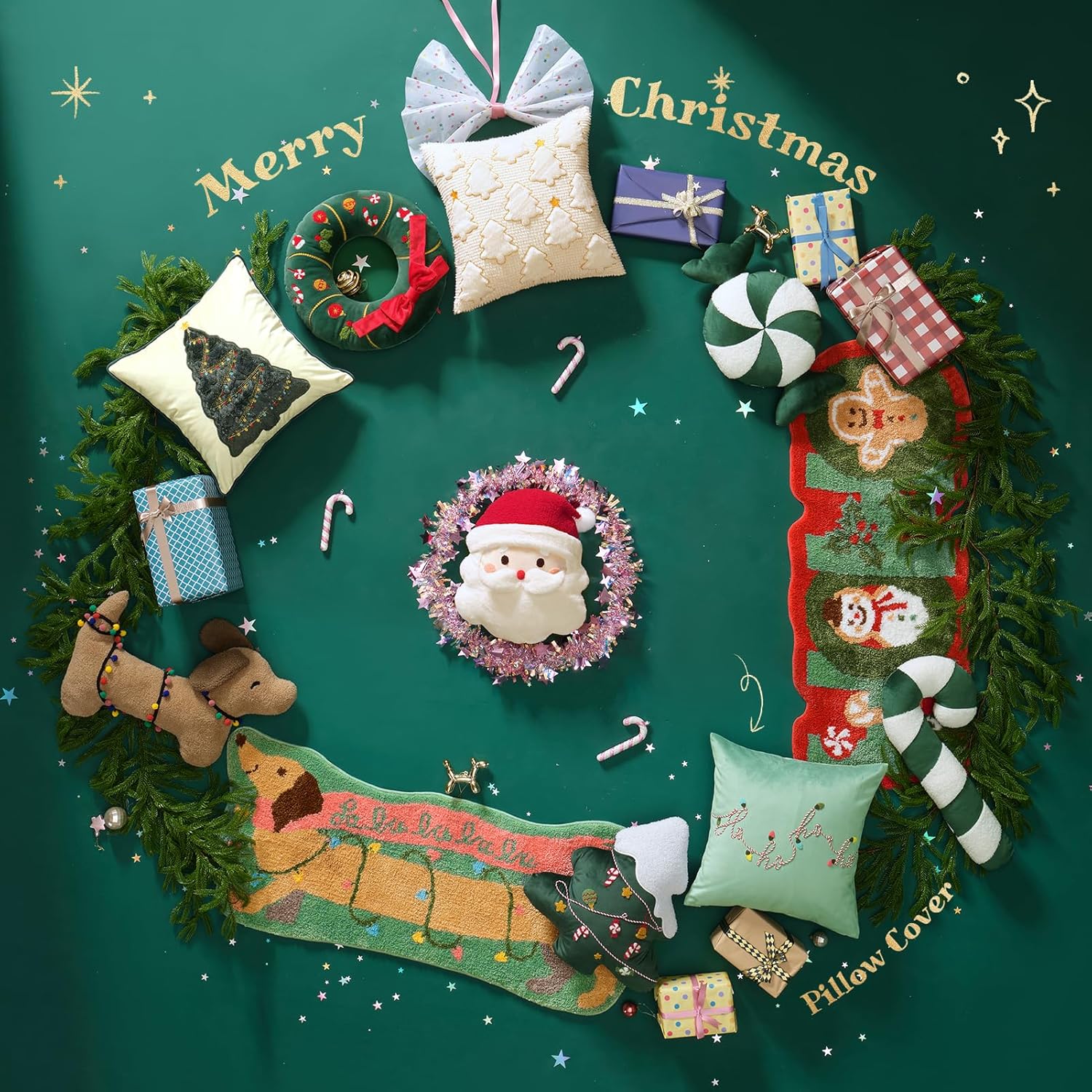 Ashler Merry Christmas Throw Pillow Covers, Letter Embroidery Pillow Covers, Velvet Holiday Decorative Pillowcase with 3D Light String, Set of 2, Light Green, 18 x 18 Inch