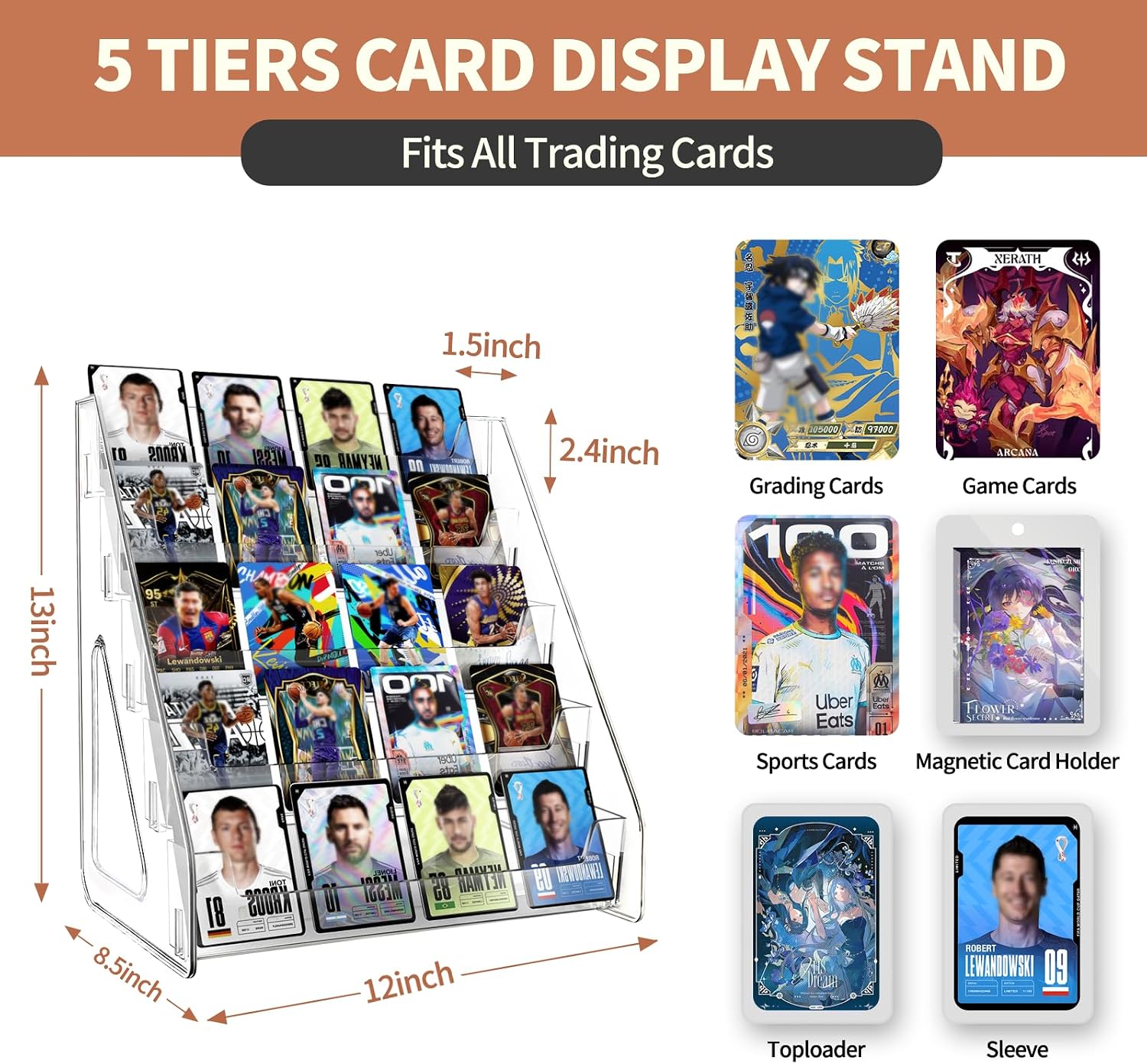 5 & 7 Tier Trading Card Display Stand, 12" Clear Acrylic Card Stands for Display, versatile Card Stands for Sports Cards, Graded & Greeting Cards, Postcards, Vendor Stickers, with Snap-On Assembly (Tall 5 Tier)