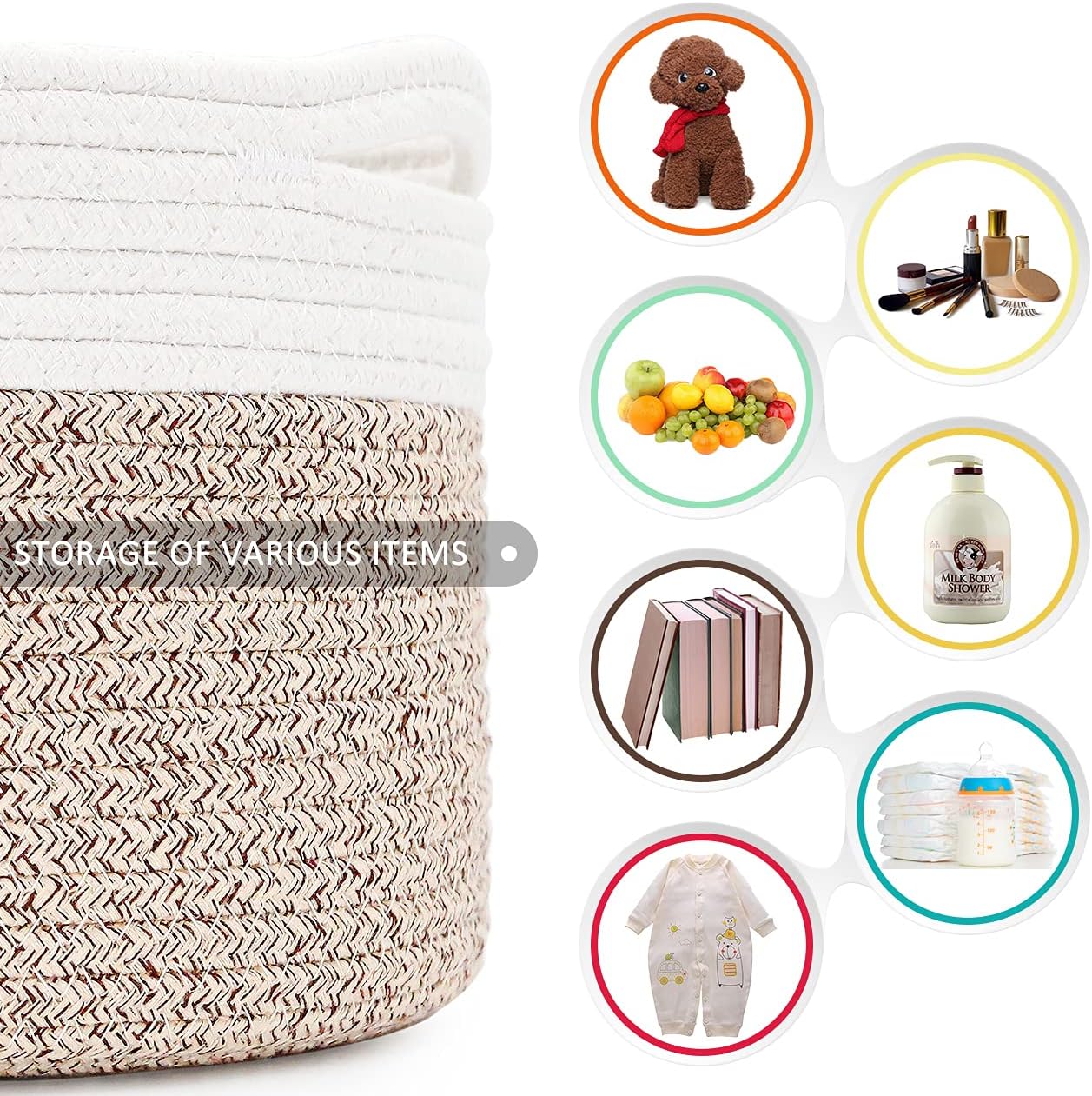 Laundry Hamper,Blanket Basket in Living Room Decor,Pure Cotton Rope Woven Basket for Dirty Clothes,Storage Basket for Nursery Bin,Baby Toy Storage,15.5 * 13.5 inches-40L White & Brown Mixed - Image 7