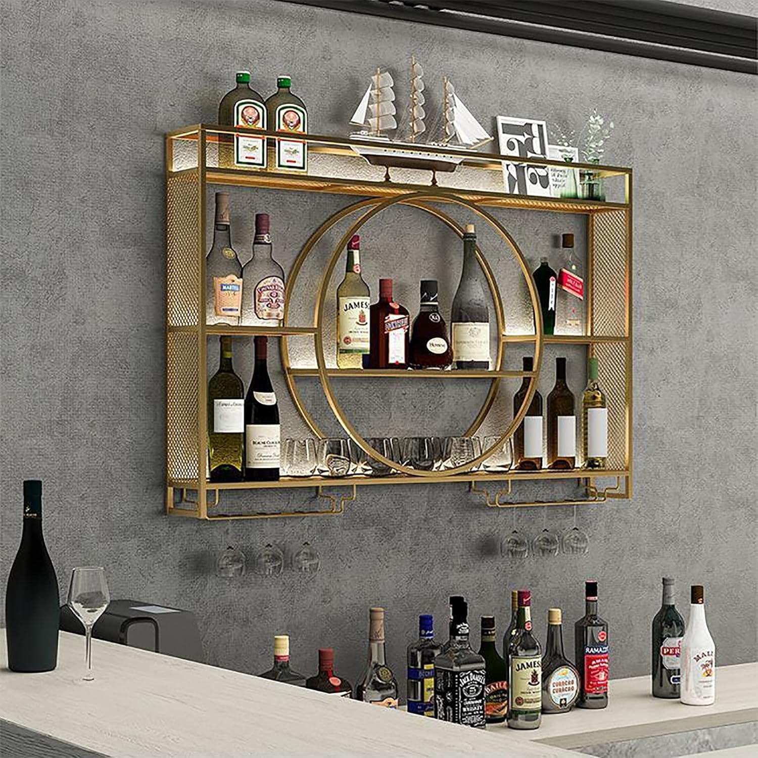 Rmeet Estante de Botellas de Pared Industrial, Estante de Hierro de 3 Plantas, estantes de exhibición de Vino para decoración del hogar, Bares, restaurantes y cocinas,Golden,140 * 15 * 80cm