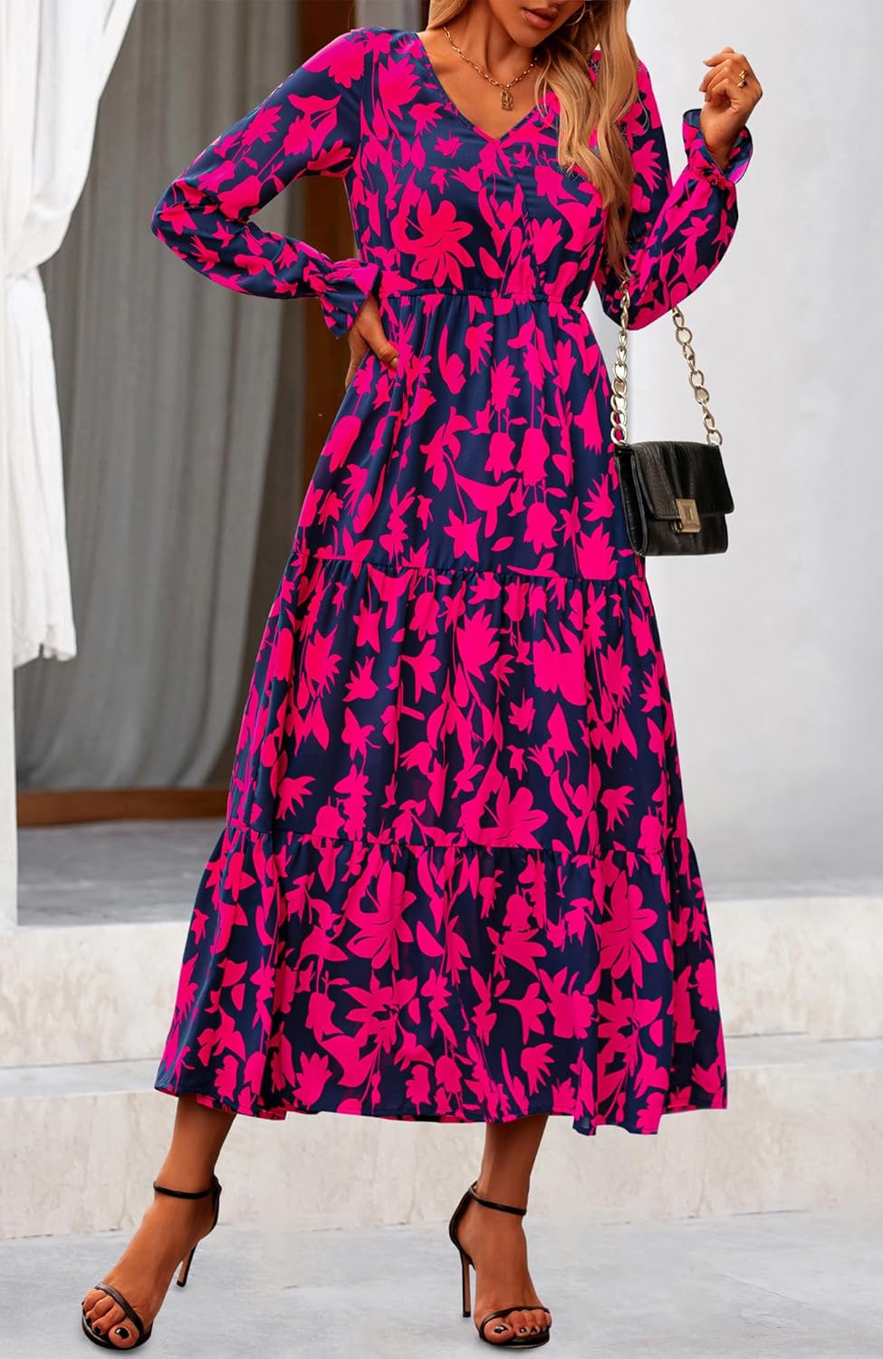 NOLLSOM Women's 2024 Fall Dresses Boho Maxi Dress Casual Long Sleeve V Neck Floral Dresses Wedding Guest Dress - Image 5