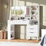 HAIOOU Fluted Vanity Desk with Mirror and Lights,48" Large Makeup Vanity Desk with Charging Station,Dressing Table with 4 Drawers & 3 Open Storage Shelves, Glass Top for Bedroom,White