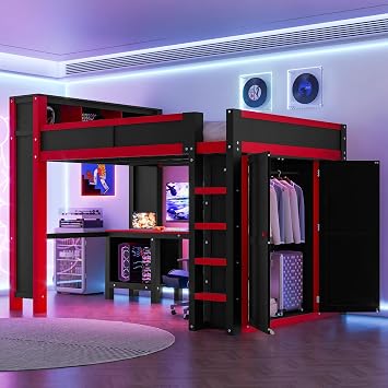 RuiSiSi Queen Size Loft Bed with Desk, USB Ports, Wood Loft Bed Frame with Bookcase Headboard & Hanging Rod, Space Saving Esports Gaming Bed for Kids Teens, Red & Black