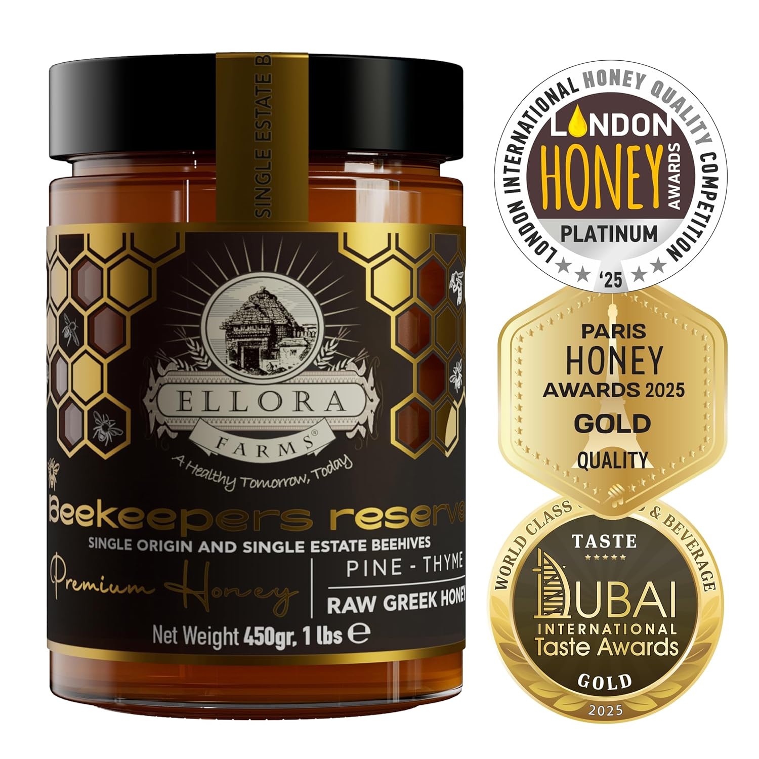 Ellora Farms Greek Honey Single Estate PDO, Pine & Thyme Raw Honey Unfiltered, Beautiful Gift Pack with Dipper, Beekeepers Reserve, Pure Raw & Unfiltered Cold-Pressed, Gluten Free - 450 g