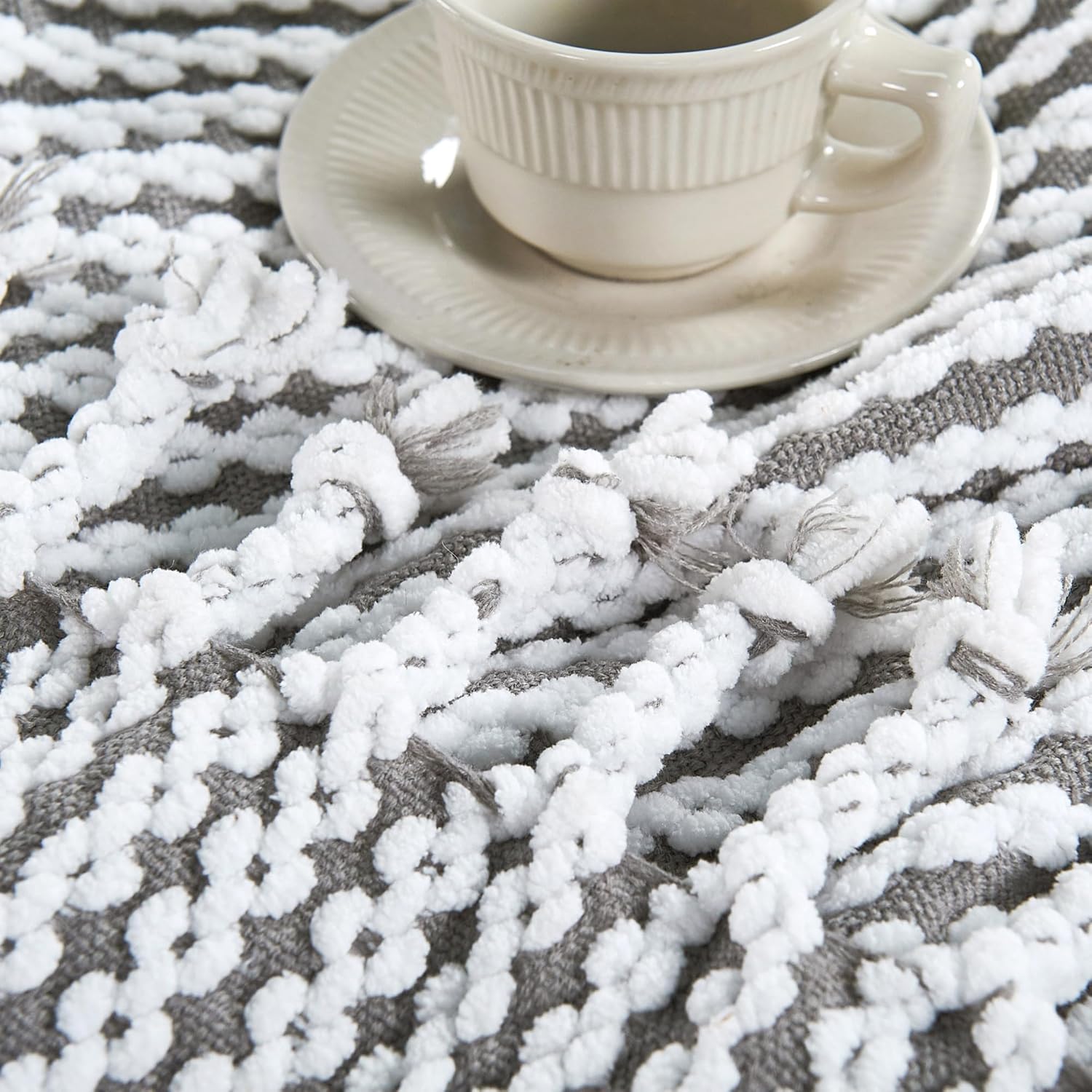 Striped Knit Throw Blanket with Braided Tassels 50" x 60", Hand Knitted Soft Chunky Chain Design Boho Farmhouse Blanket, Two Tone Tassel Decor Throw for Couch Bed Sofa Outdoor, Gray White