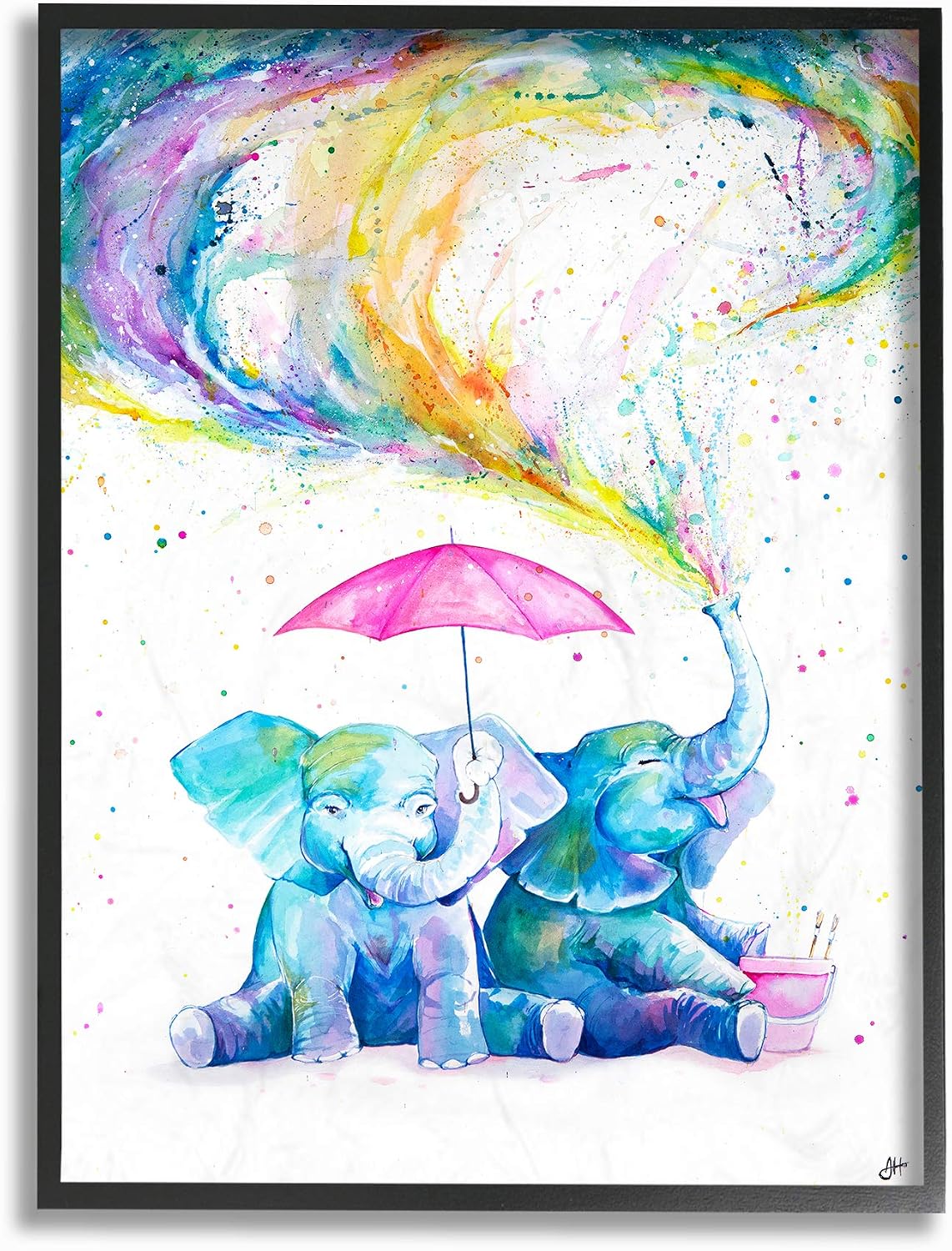The Stupell Home Decor Rainbow Watercolor Spraying Elephants with Pink Umbrella Framed Texturized Art, 16 x 20, Proudly Made in USA