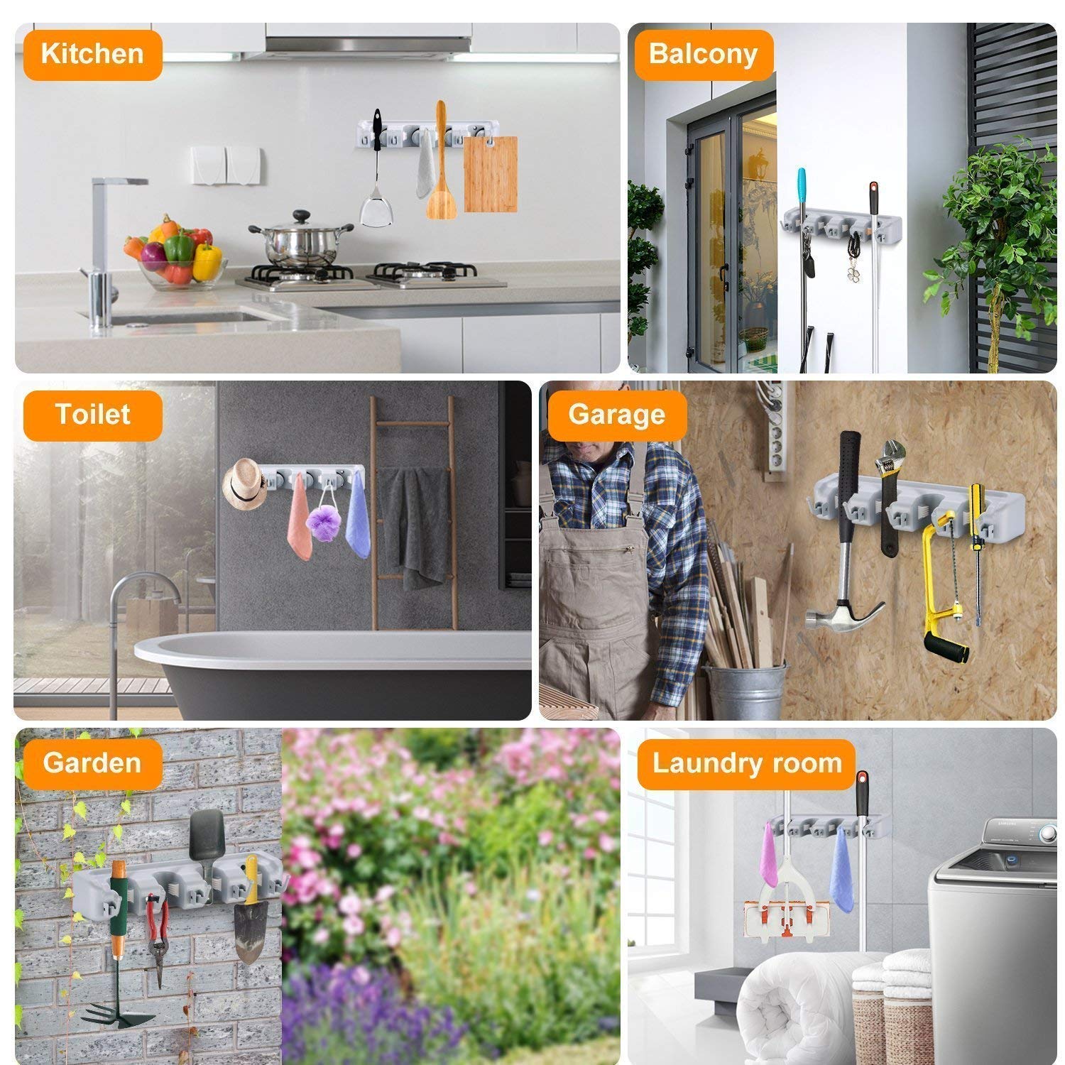 Wall Mounted Broom & Mop Holder - 4 Slots -6 Wall Mounted Broom & Mop Holder - 4 Slots -6