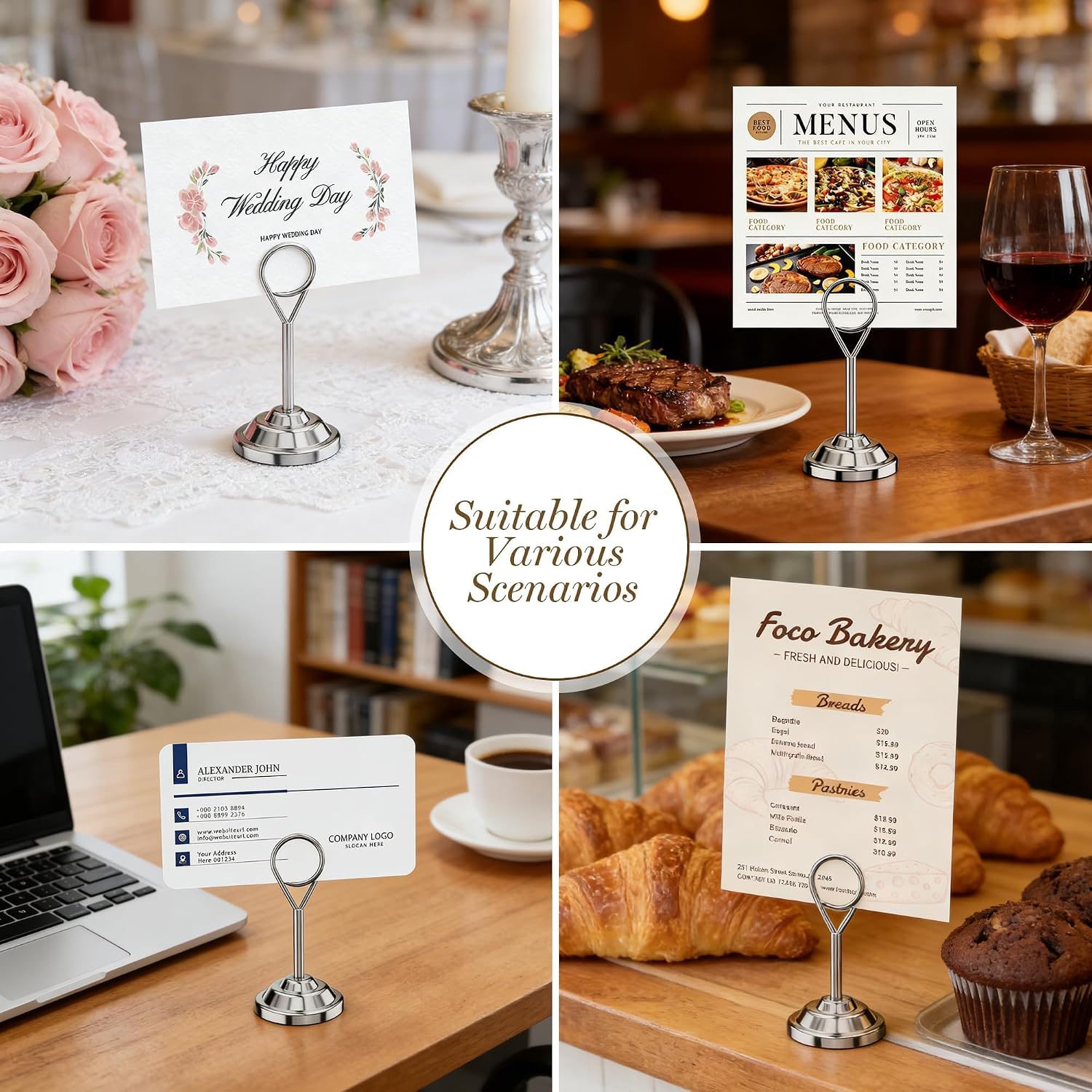 Urban Deco 16 Pieces Table Card Holder Place Card Holders 4 inches Steel Card Holders for Photos, Food Signs, Memo Notes, Weddings, Restaurants, Birthdays (Silver Round)