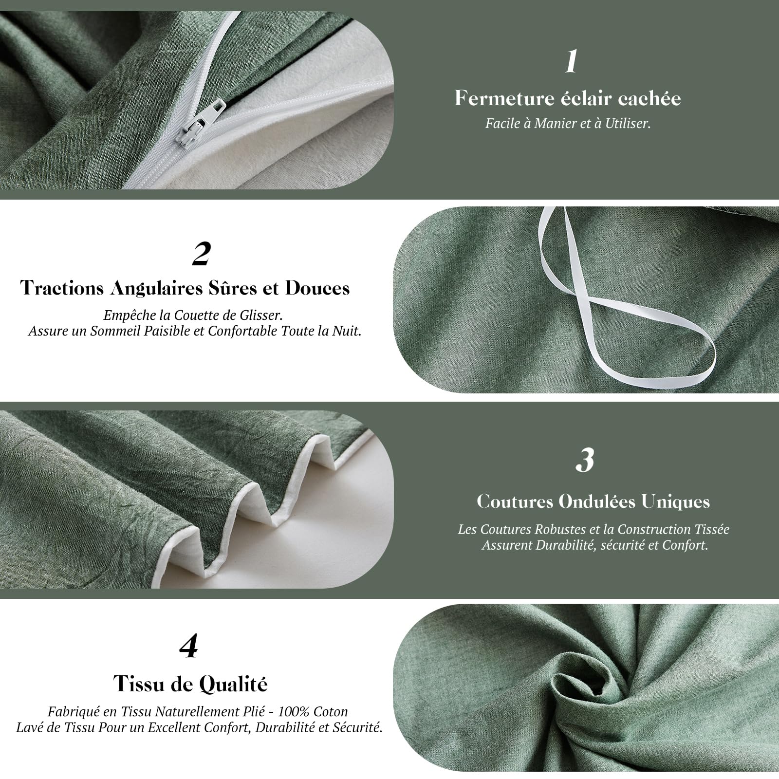 SOULFUL Housse de Couette 220x240 Coton, Verte Sauge Ensembles de Housse de Couette avec Fermeture Éclair, 100% Coton Lavé, Texture Lin, Parure de Lit 220x240 Coton avec 2 Taie d'oreiller 65x65 cm