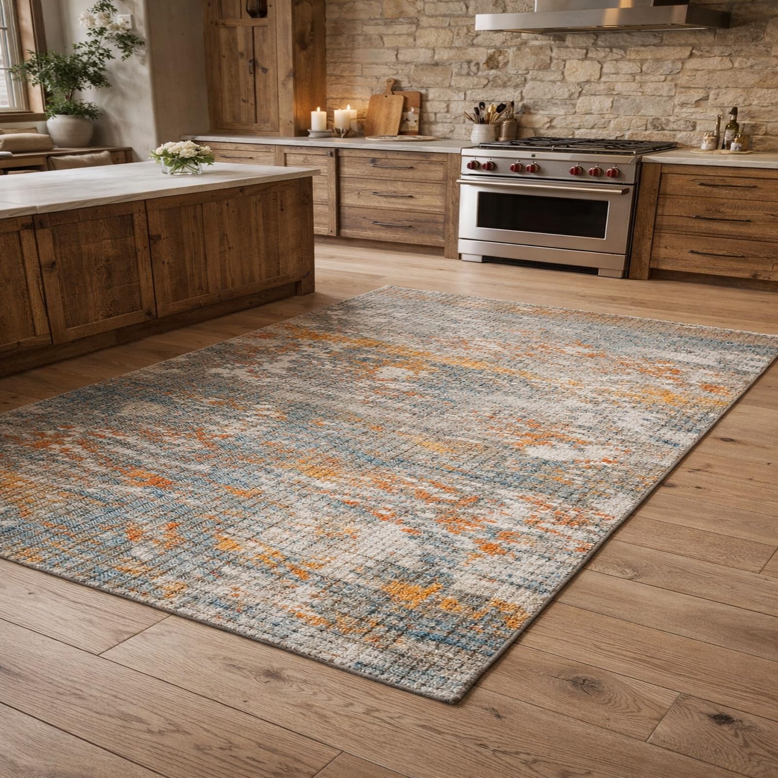 Tapis salon abstrait orange et bleu haut de gamme 120x185 déco chic coiffeuse chambre