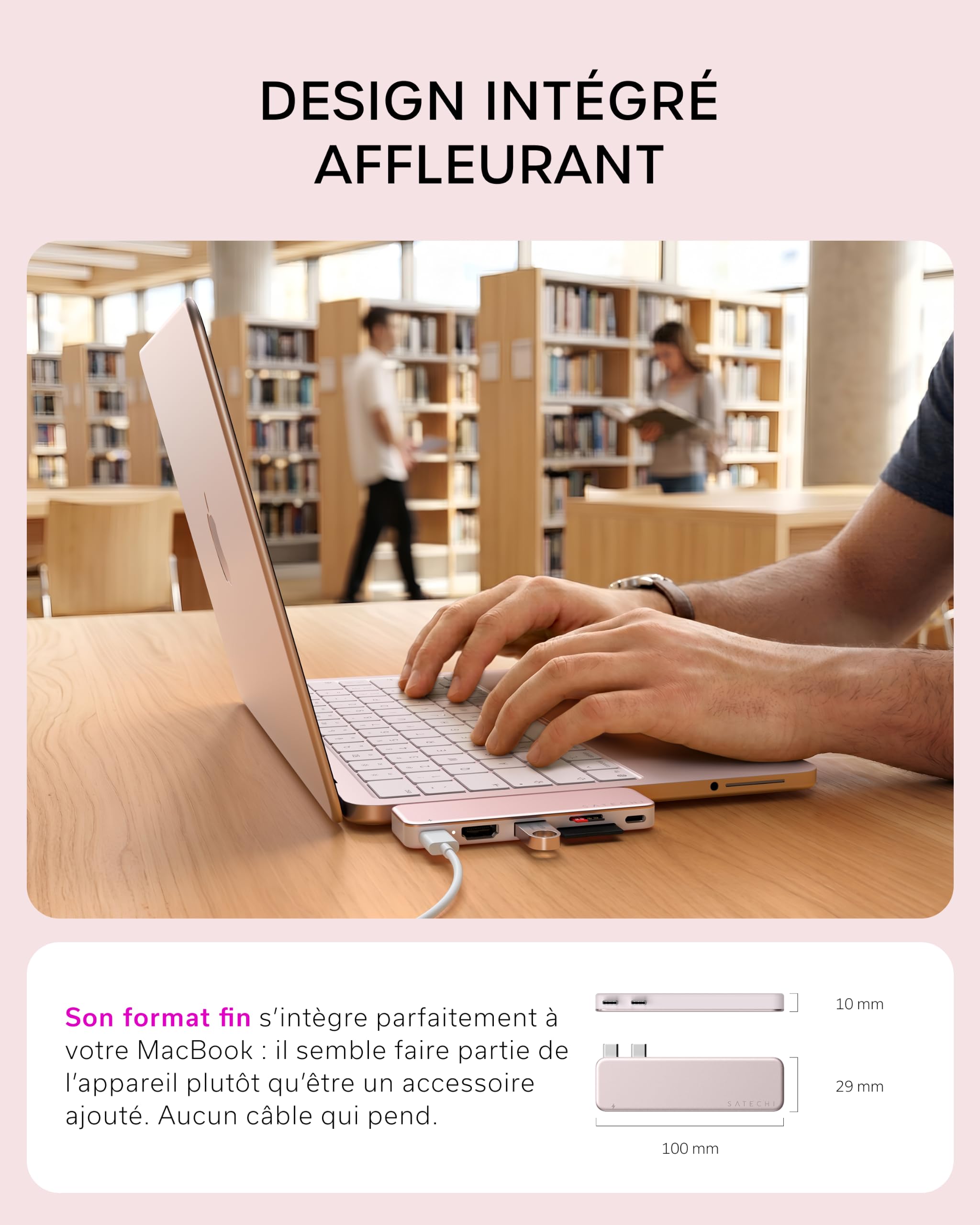 SATECHI Snap Hub USB C 6 en 2 pour MacBook Neo, Charge 45W, Rose Poudré | Conçu pour MacBook Neo avec double connecteur intégré, 4K@60Hz, lecteurs SD/microSD, USB-A et USB-C 5Gbps