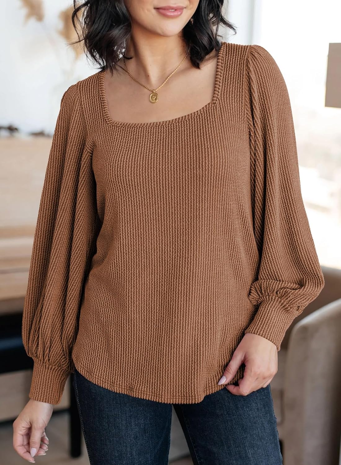 Dokotoo Women's Square Neck Puff Sleeve Casual Loose Ribbed Knit Soft Blouses Tuinc Tops - Image 3