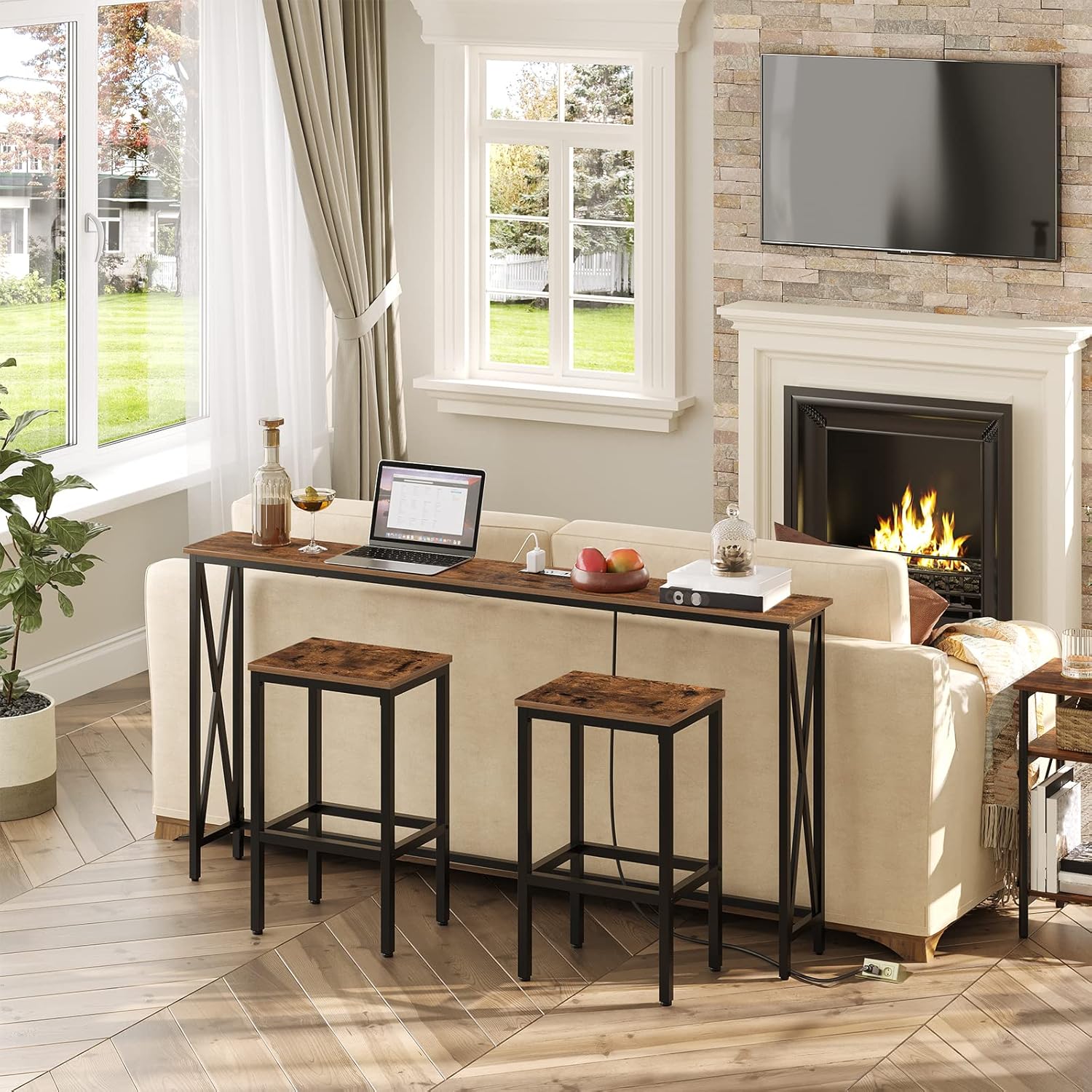 ALLOSWELL 63" Console Table with Power Outlet, Narrow Sofa Table, Farmhouse Sofa Couch Table with Charging Station, Sturdy and Durable, for Entryway, Living Room, Foyer, Rustic Brown CTHR8401 : Home & Kitchen