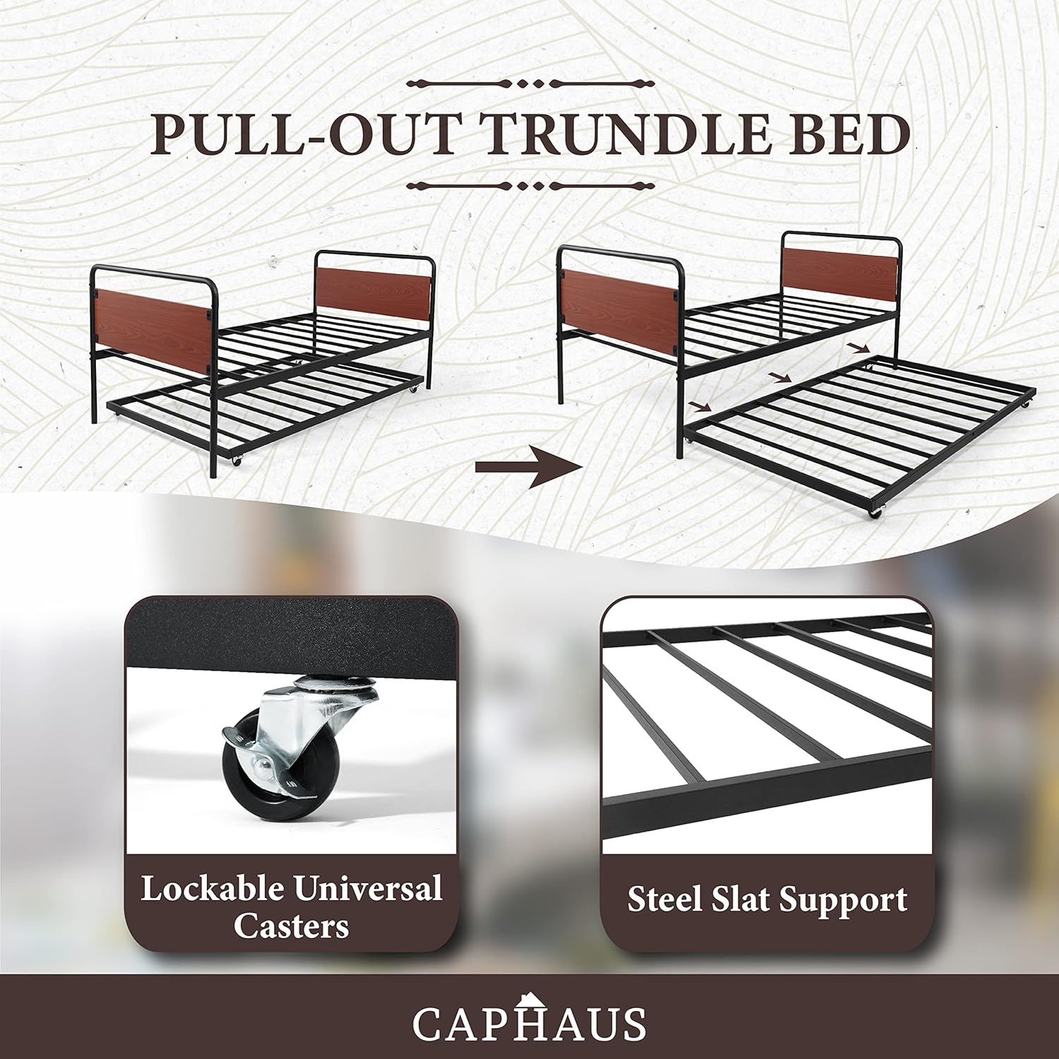 CAPHAUS Round Corner Metal Daybed Frame with Trundle, Twin Bed and Trundle Set, Mattress Foundation with Steel Slat Support and Roll Out Trundle Accommodate, Premium Steel, P2 Grade Walnut Wood Board