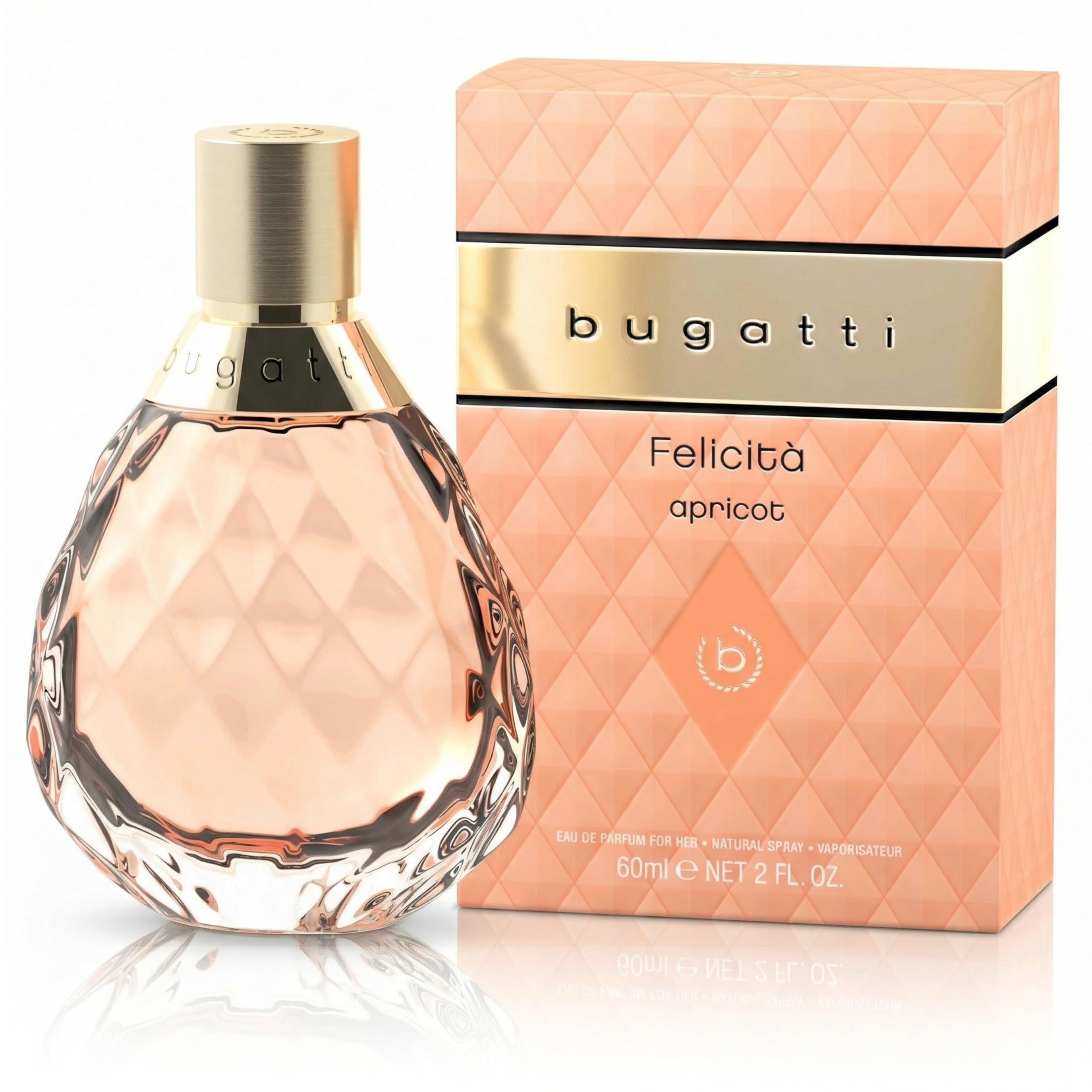 bugatti Felicità Apricot EDP - Profumo da donna 60 ml, fragranza fruttata floreale in bottiglia di vetro, sfumature estive di albicocca, litchi, ibisco, vaniglia e muschio I Eau de Parfum