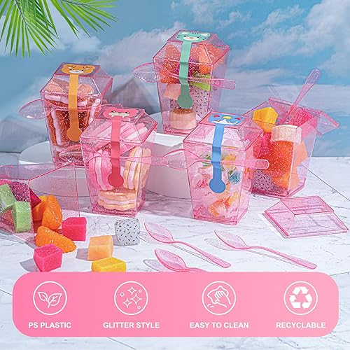 Miniatura 9 de Dandat Paquete de 100 tazas de postre de plástico con purpurina de 5 onzas con tapas, juego de cucharas cuadradas con purpurina, tazas desechables