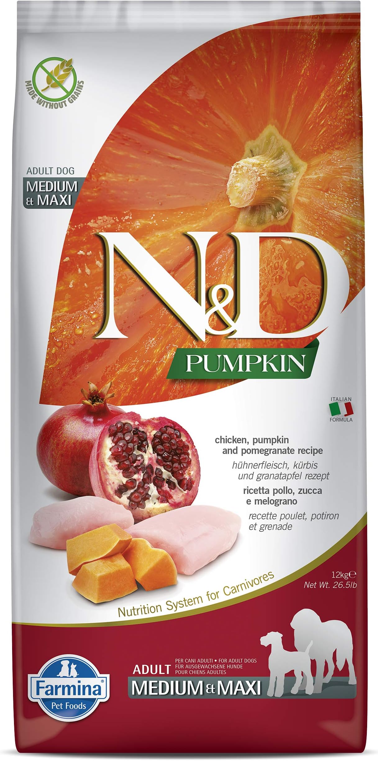 Farmina N&D Pumpkin Adult Medium/Maxi Dog Food | Chicken, Pomegranate & Pumpkin |Rich in Anti-oxidants| Complete Food for Adult Dogs | 12kg | No Artificial Preservatives