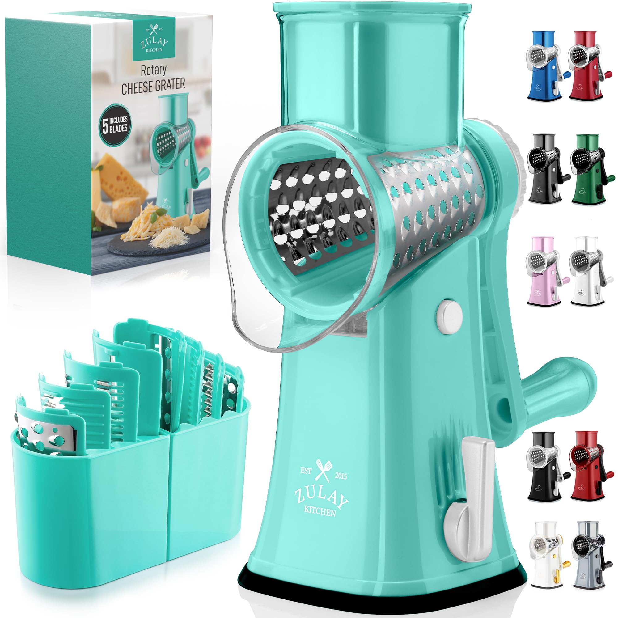 Rotary Cheese Grater Manual Hand Crank 5 Blade Shredder, Teal