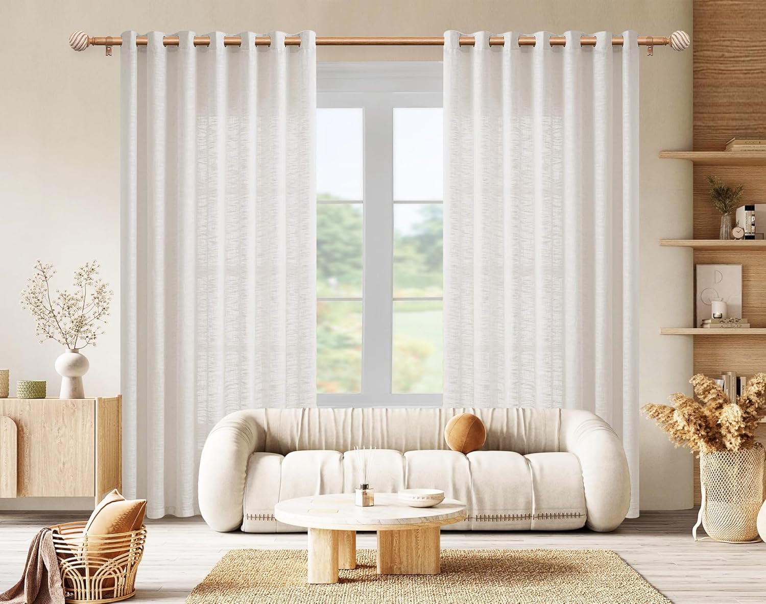 Wood Curtain Rods for Windows 2 Pack, TONIAL 1 Inch Adjustable Heavy Duty Drapery Rods 32-86 Inch with Wood Grain Leaf Pattern Finials, Boho Curtain Rod for Living Room, Bedroom, Indoor, Outdoor