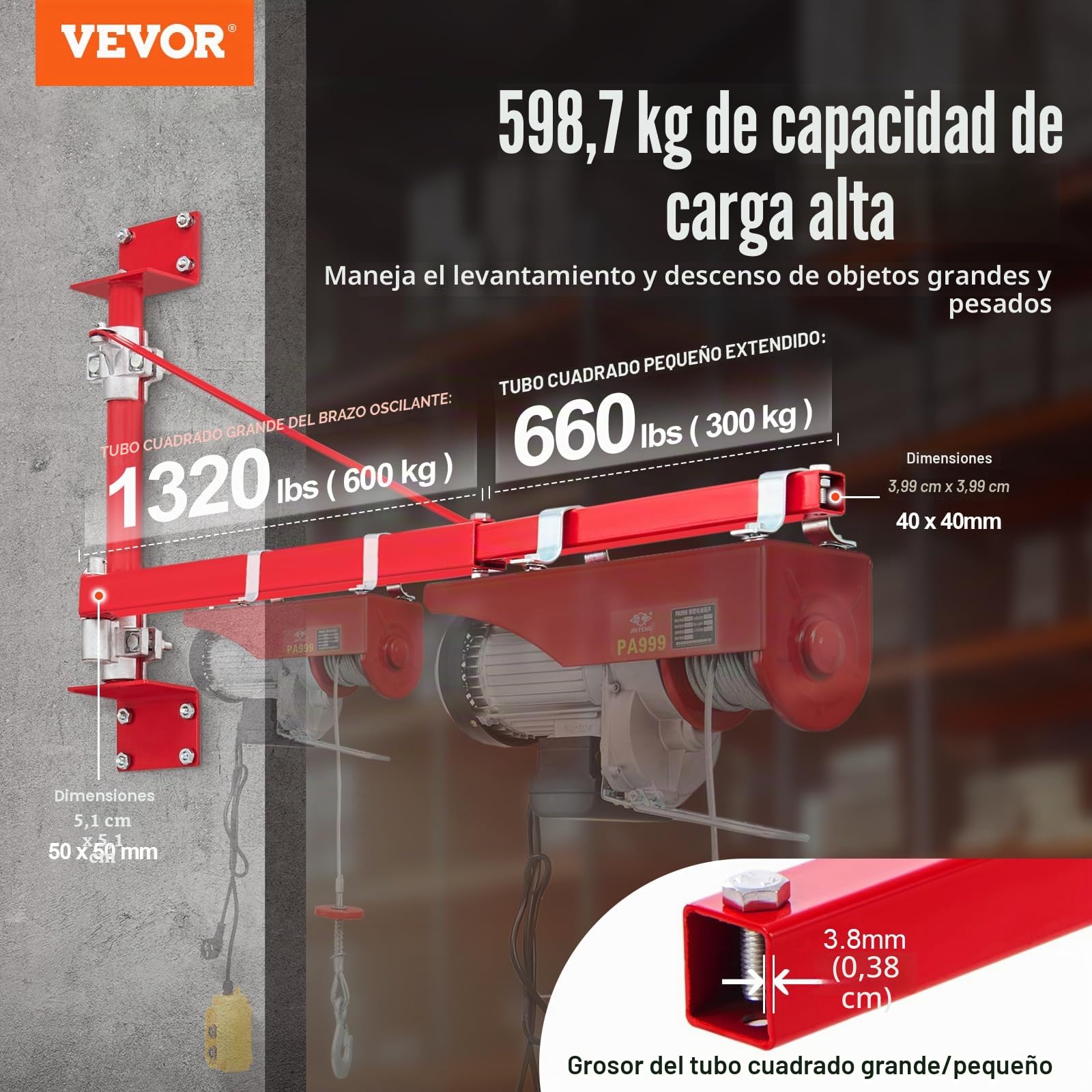 VEVOR Brazo de Soporte de Polipasto Eléctrico, 600KG, Carga Máxima, Brazo Oscilante con Poste, Acero