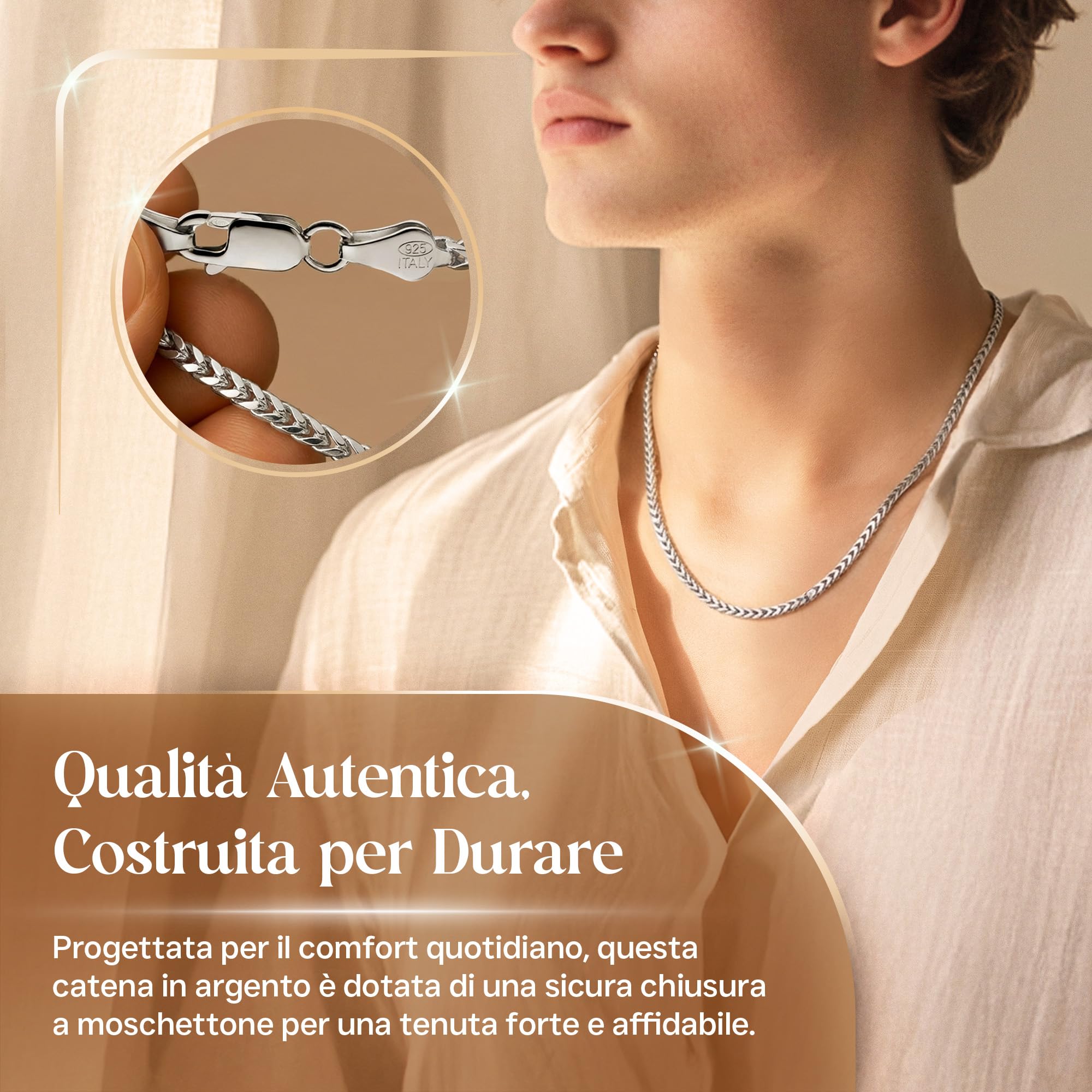 QUADRI Catena in Argento 925 per Uomo e Donna | Collana a maglie Franco di fabbricazione italiana | Catena in Argento per Uomo e Donna | Finitura SILVER PLUS antiossidante | 51–56–61 cm