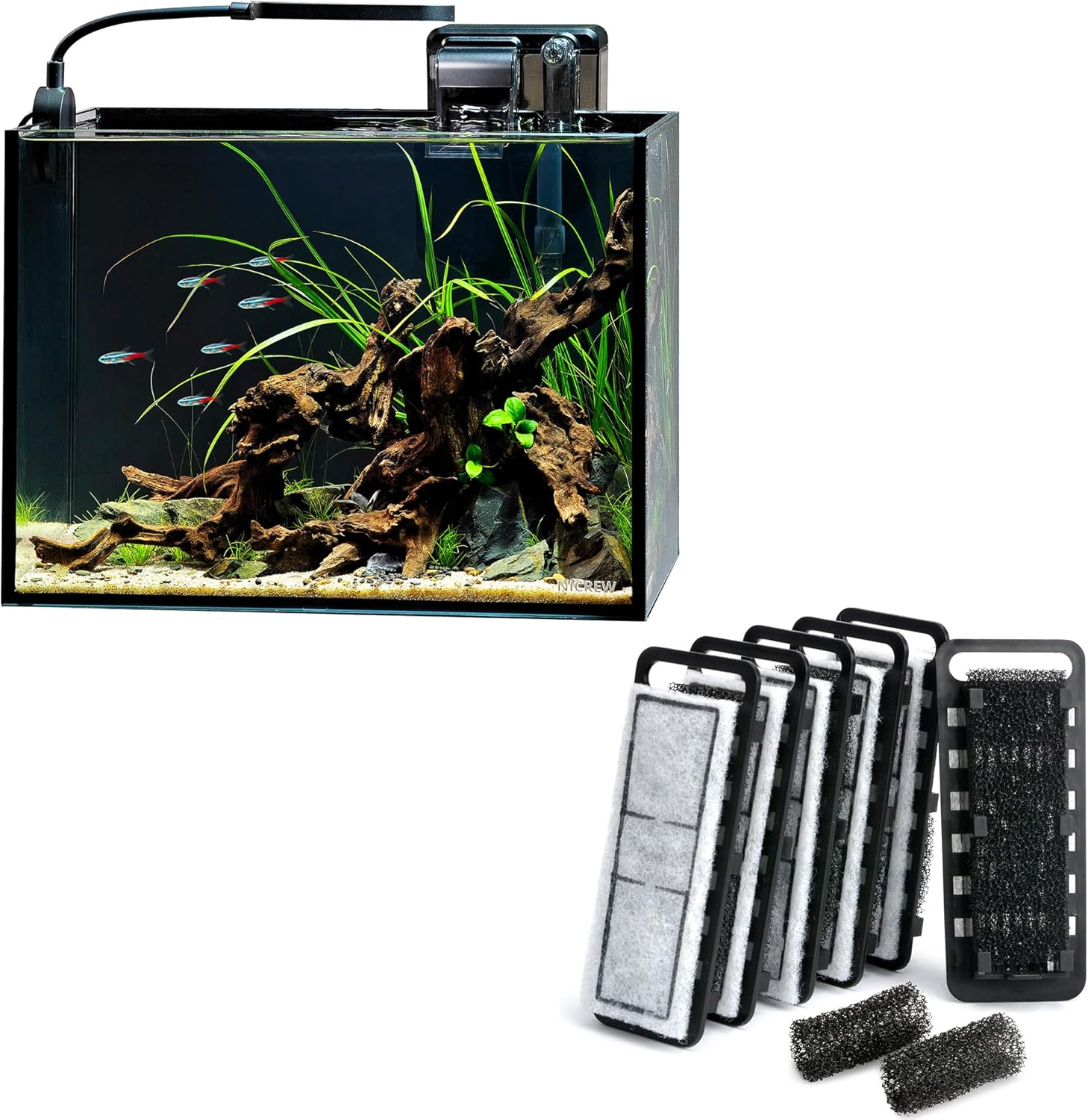NICREW Nano Nature Aquarium Kit, 2.5 Gallon, Basic Version & NICREW Slim Aquarium Filter Cartridges (6 pcs) with Intake Sponges (2 pcs)