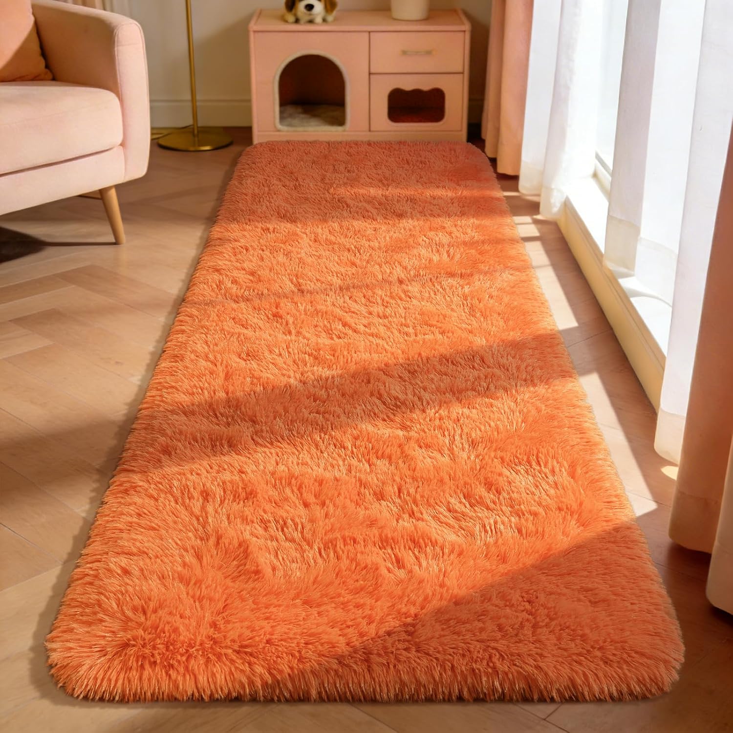 Runner Rug for Bedroom, 2x6 Soft Shag Fluffy Area Rugs for Girls Boy's Room, Plush Shaggy Carpet with Non-Slip Bottom for Living Room Dorm, Dark Orange