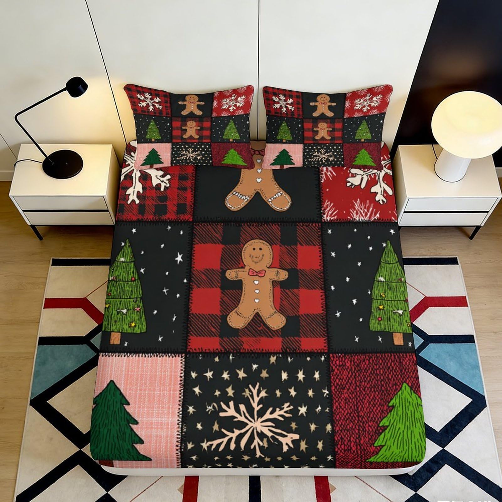 3D Printed Christmas Gingerbread Microfiber Fitted Sheet Soft Breathable Snowflake Bed Cover for Bedroom Dormitory Guest Room Mattress Protection 200x200x25cm