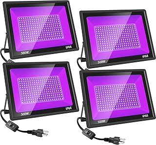 4Pack 500W LED Black Lights, Blacklight Flood Light, Outdoor for Glow Party, Halloween Decoration, Body Paint, Fluorescent Poster, Stage Lighting，Neon Glow, IP66, US-Plug-Switch-5Ft Cord