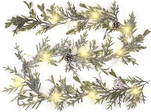 Miniatura 2 de Guirnalda de Navidad con pilas de 6 pies con luces LED, conos de pino, bayas blancas y bolas, pino artificial preiluminado con temporizador para