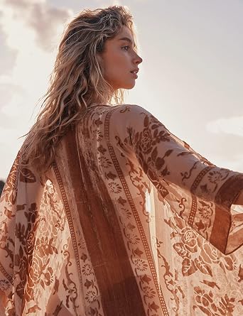 Women's Burnout Velvet Kimono Long Cardigan Cover Up With Tassel
