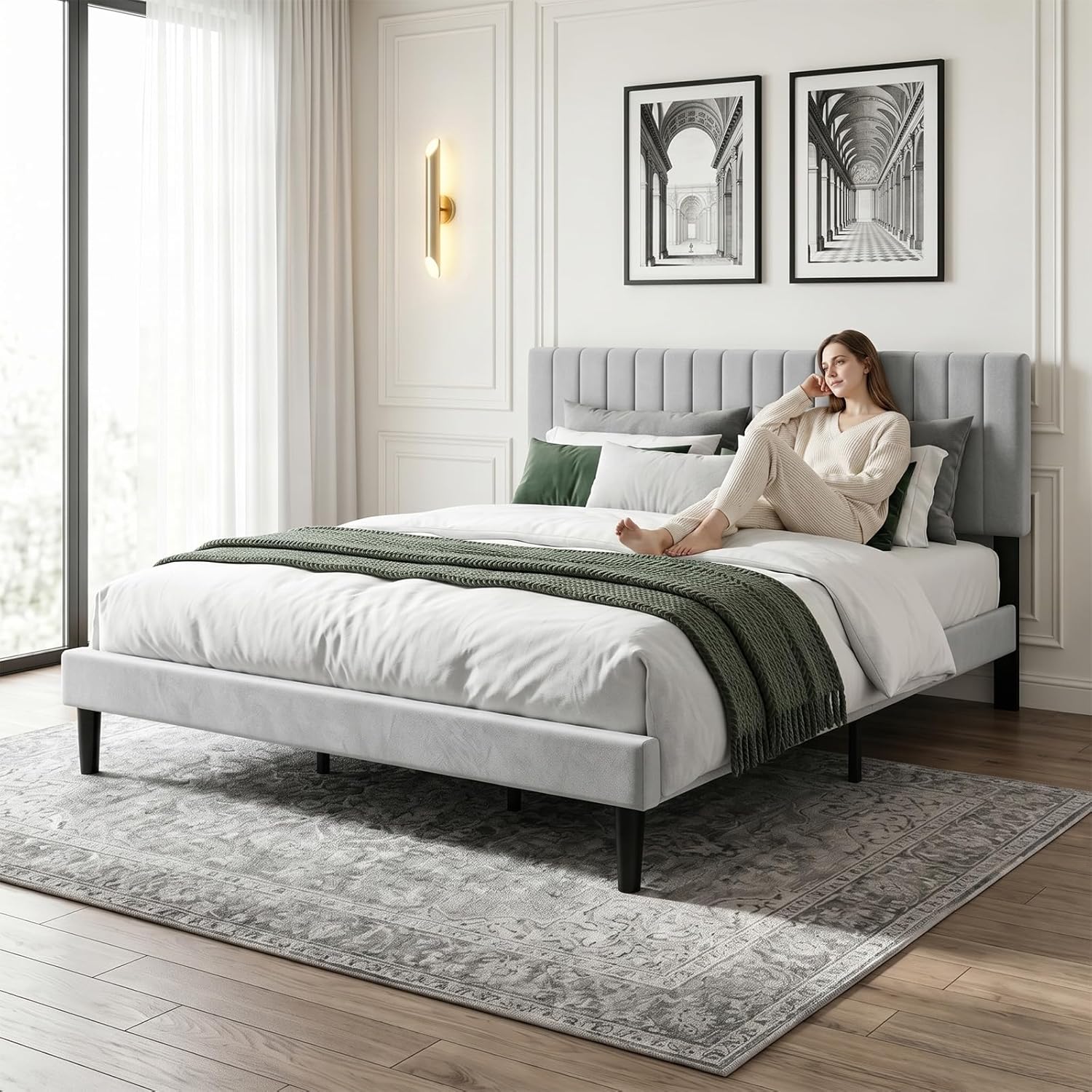Queen Size Bed Frame with Headboard, Fully Upholstered Mattress Foundation Bedframe, Wooden Slats Support, No Box Spring Needed, Easy Assembly, Grey