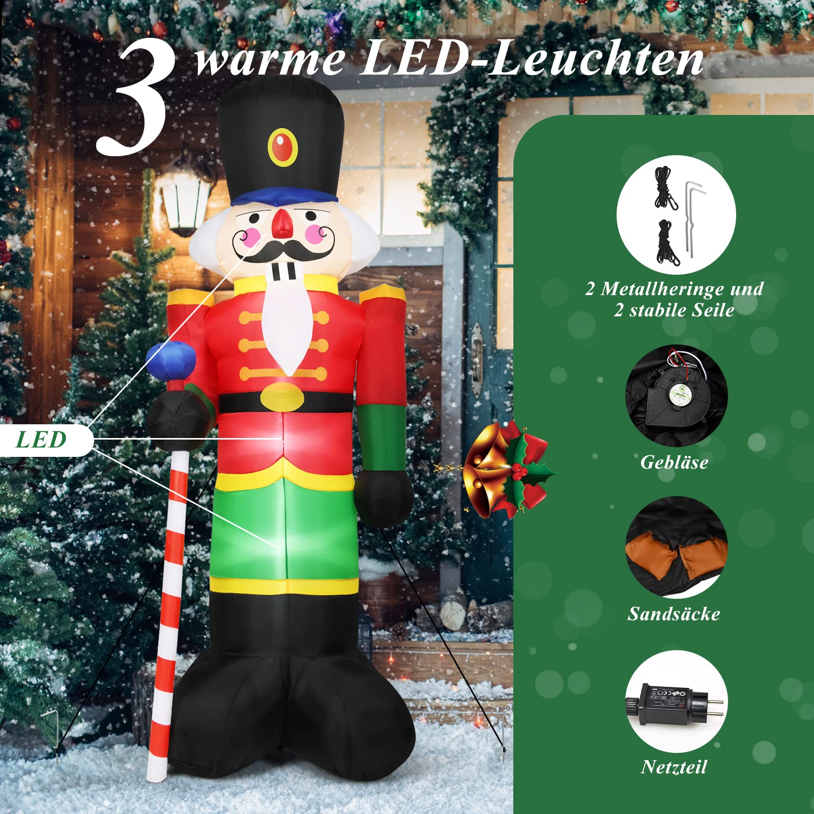 GOPLUS 240 cm Nussknacker Soldat, Aufblasbare Weihnachtsfigur, Weihnachtsdeko mit LED-Beleuchtung, mit Eingebautem Gebläse, mit Befestigungsmaterial, für Innen- & Außenbereich